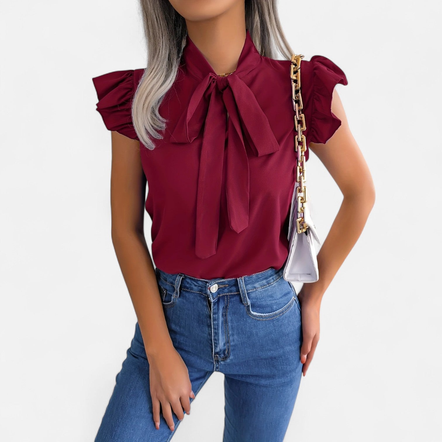 Dorevelle | Women’s Chiffon Blouse – Bow-Tie Sleeveless Style