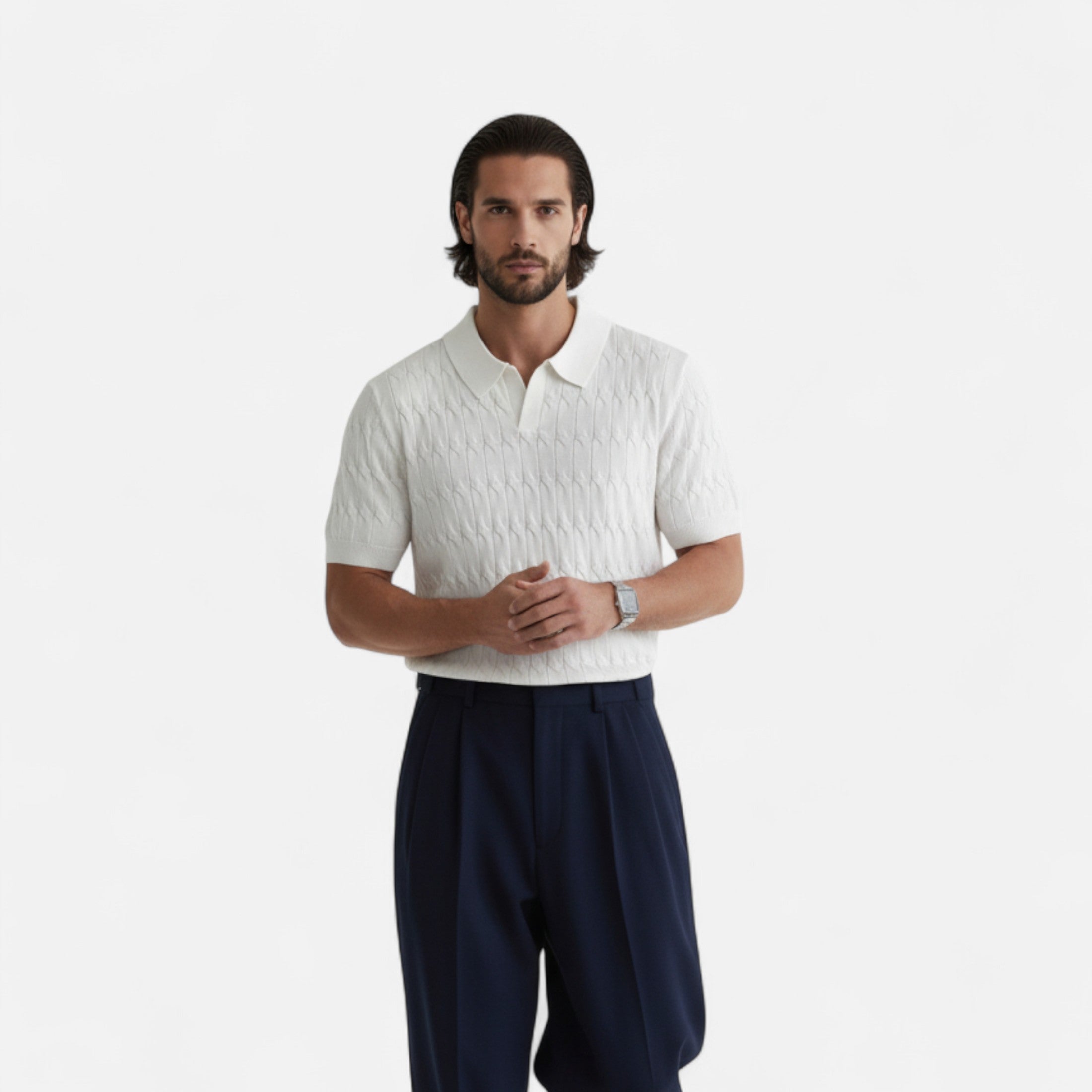 Dorevelle | Men’s Knitted Polo Shirt – Jacquard V-Neck Elegance
