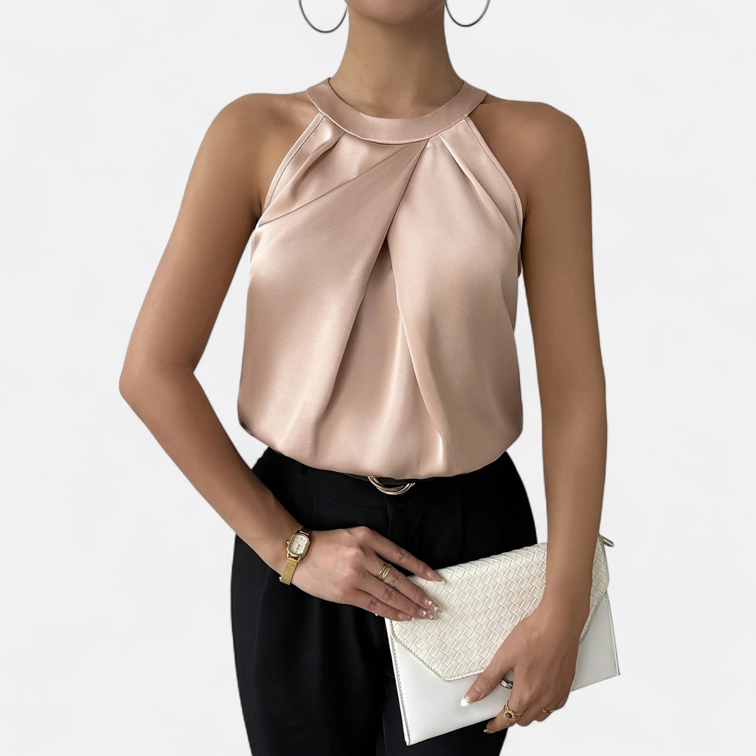 Dorevelle | Women’s Satin Blouse – Pleated Halter Style