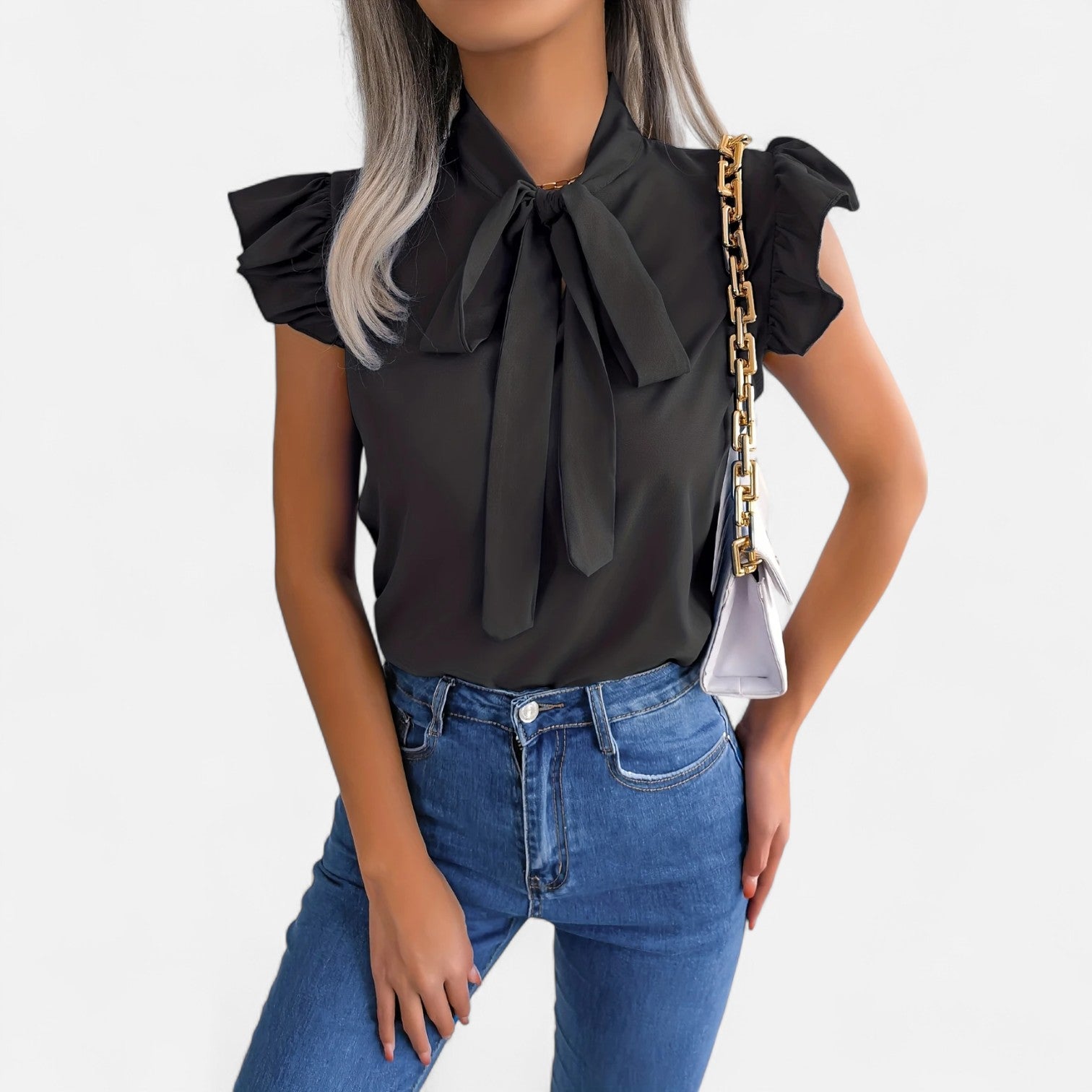 Dorevelle | Women’s Chiffon Blouse – Bow-Tie Sleeveless Style