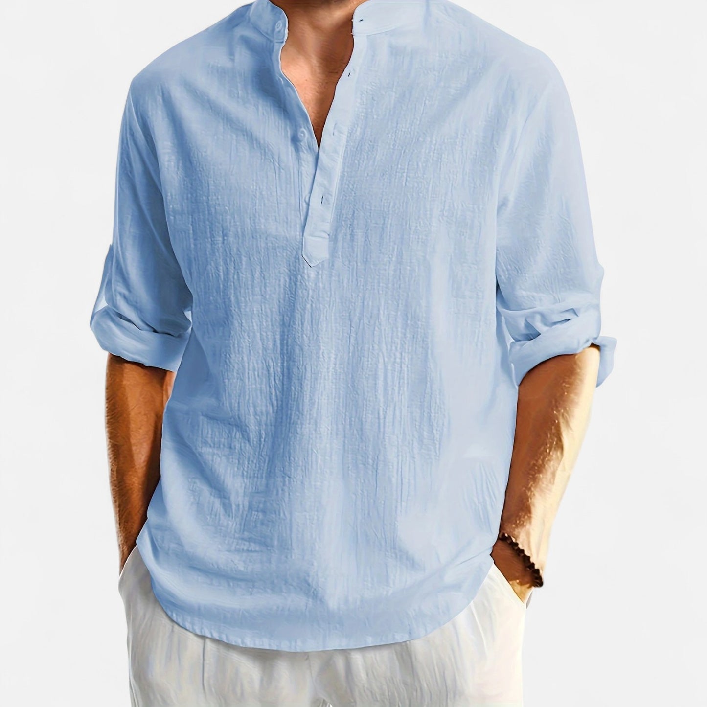 Dorevelle | Men’s Linen Henley – Heritage Collarless Style