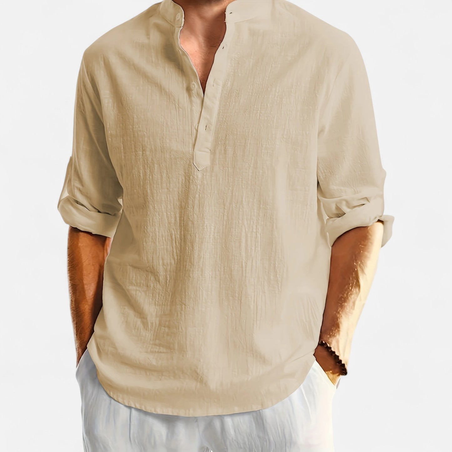 Dorevelle | Men’s Linen Henley – Heritage Collarless Style