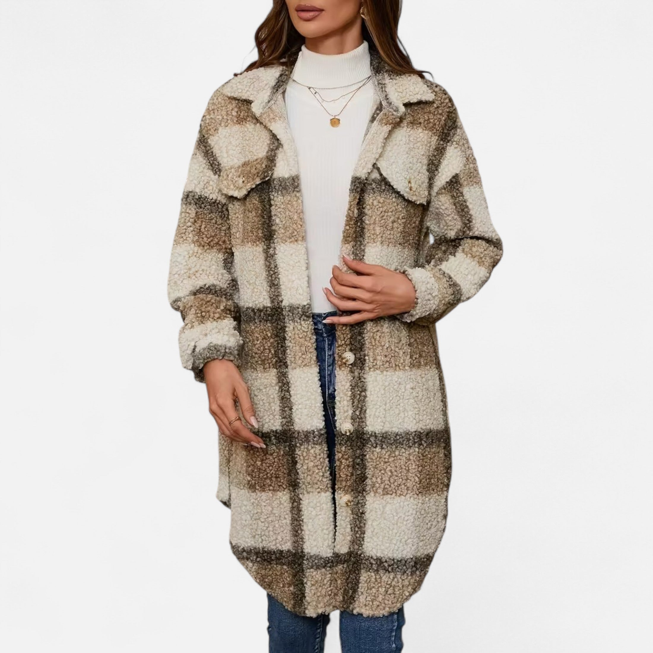 Dorevelle | Women’s Plaid Fuzzy Jacket – Button-Front Longline