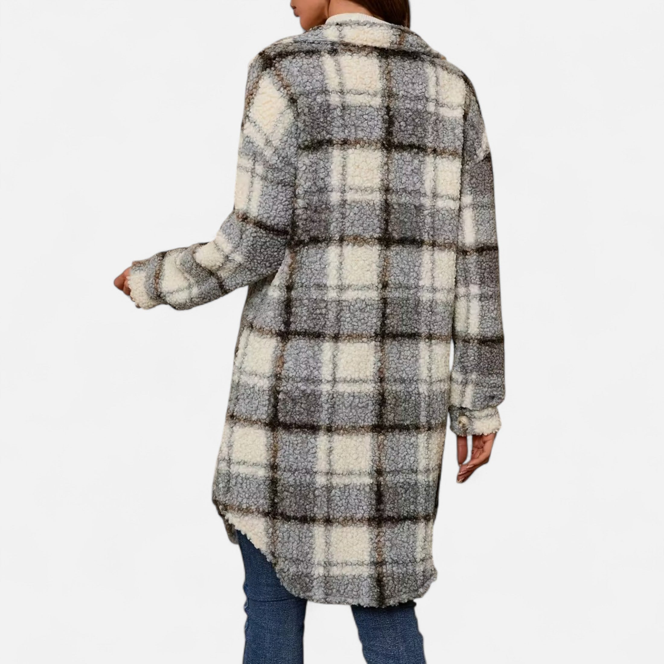 Dorevelle | Women’s Plaid Fuzzy Jacket – Button-Front Longline
