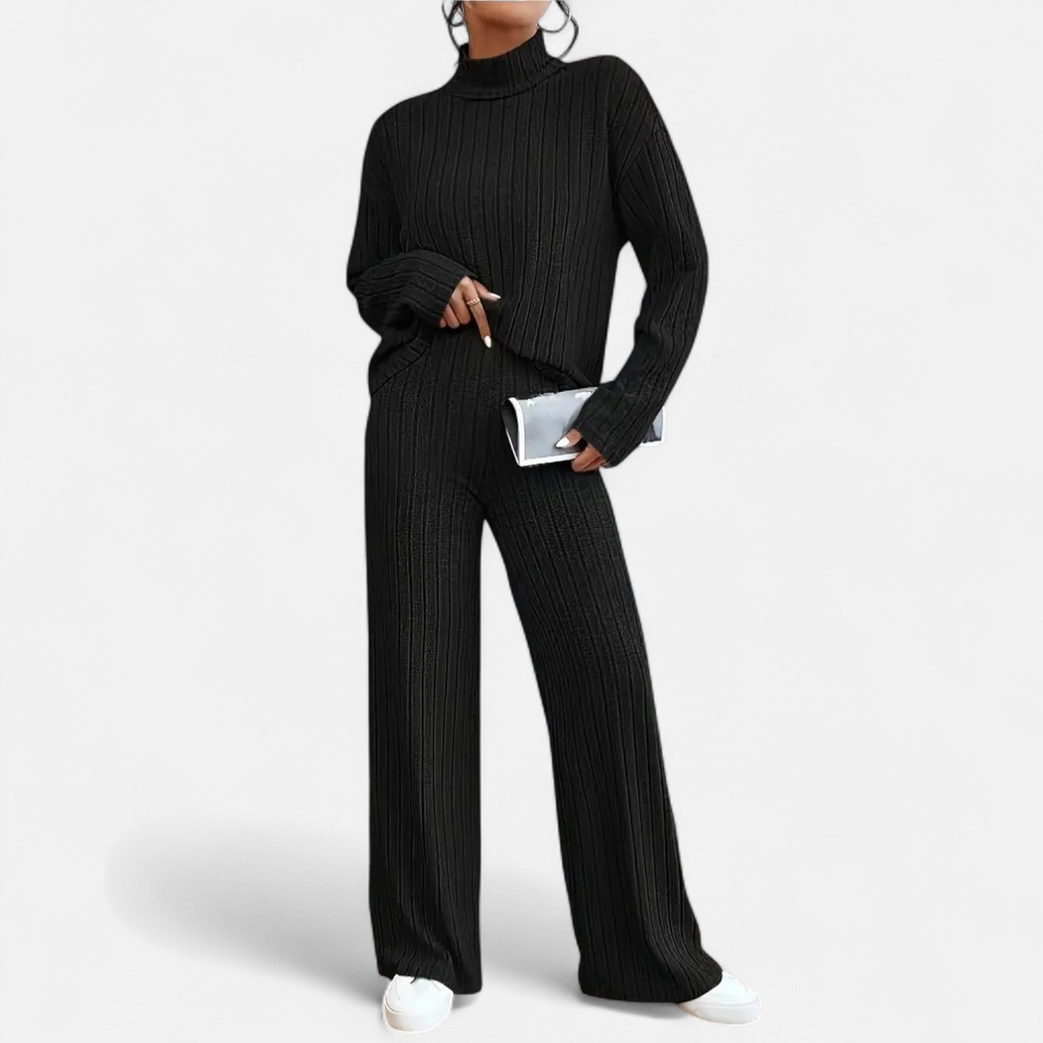 Dorevelle | Women’s Ribbed Set – Mock Neck & Wide-Leg Elegance