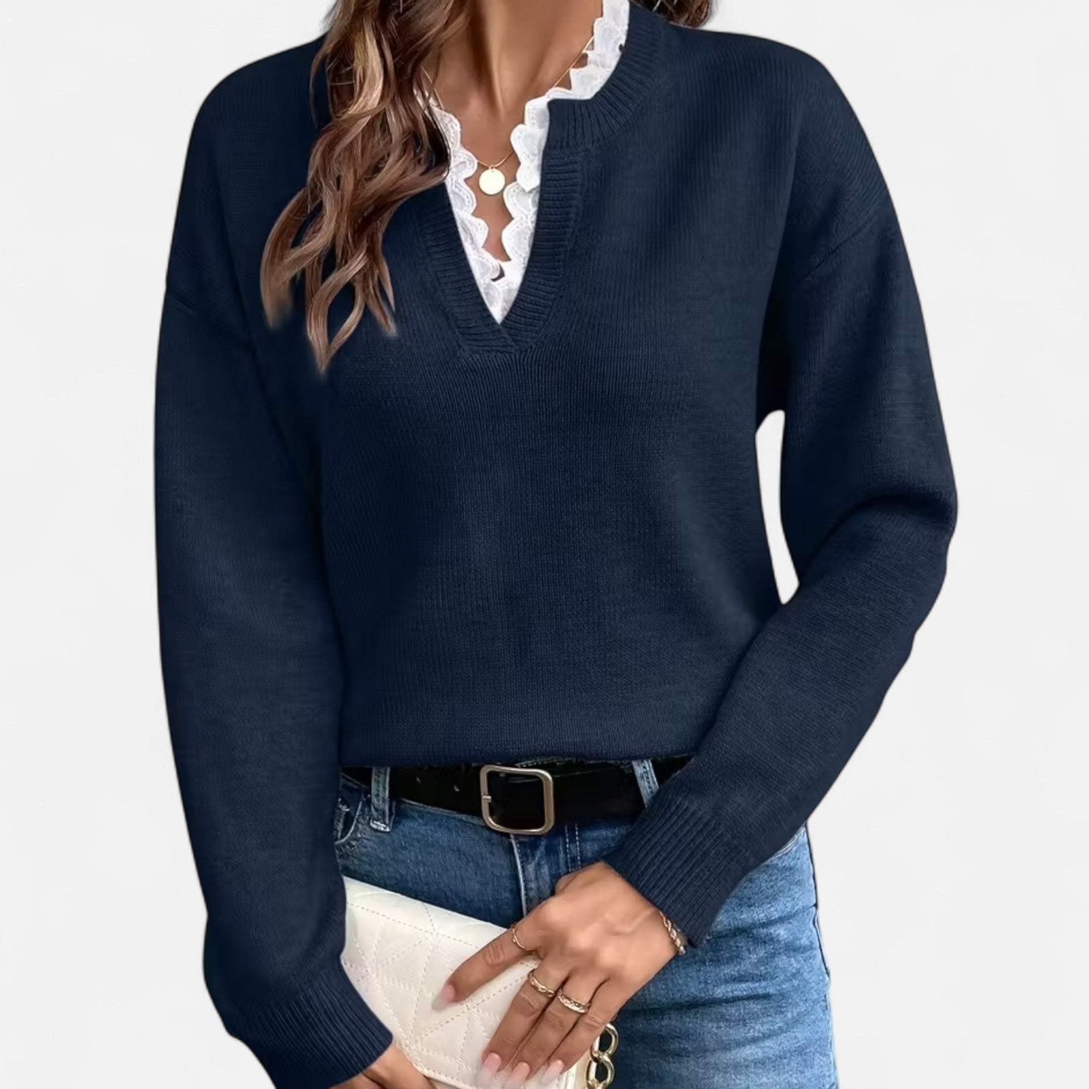 Dorevelle | Women’s Lace-Trim V-Neck Sweater