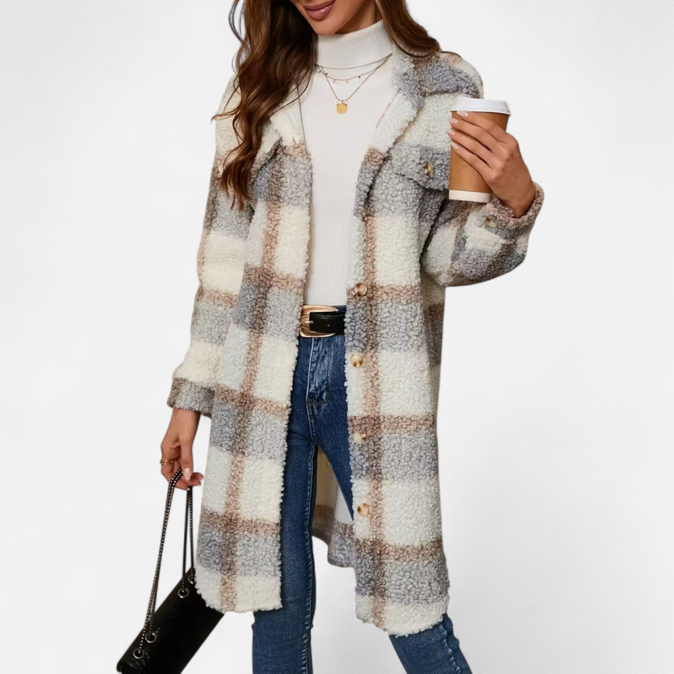 Dorevelle | Women’s Plaid Fuzzy Jacket – Button-Front Longline