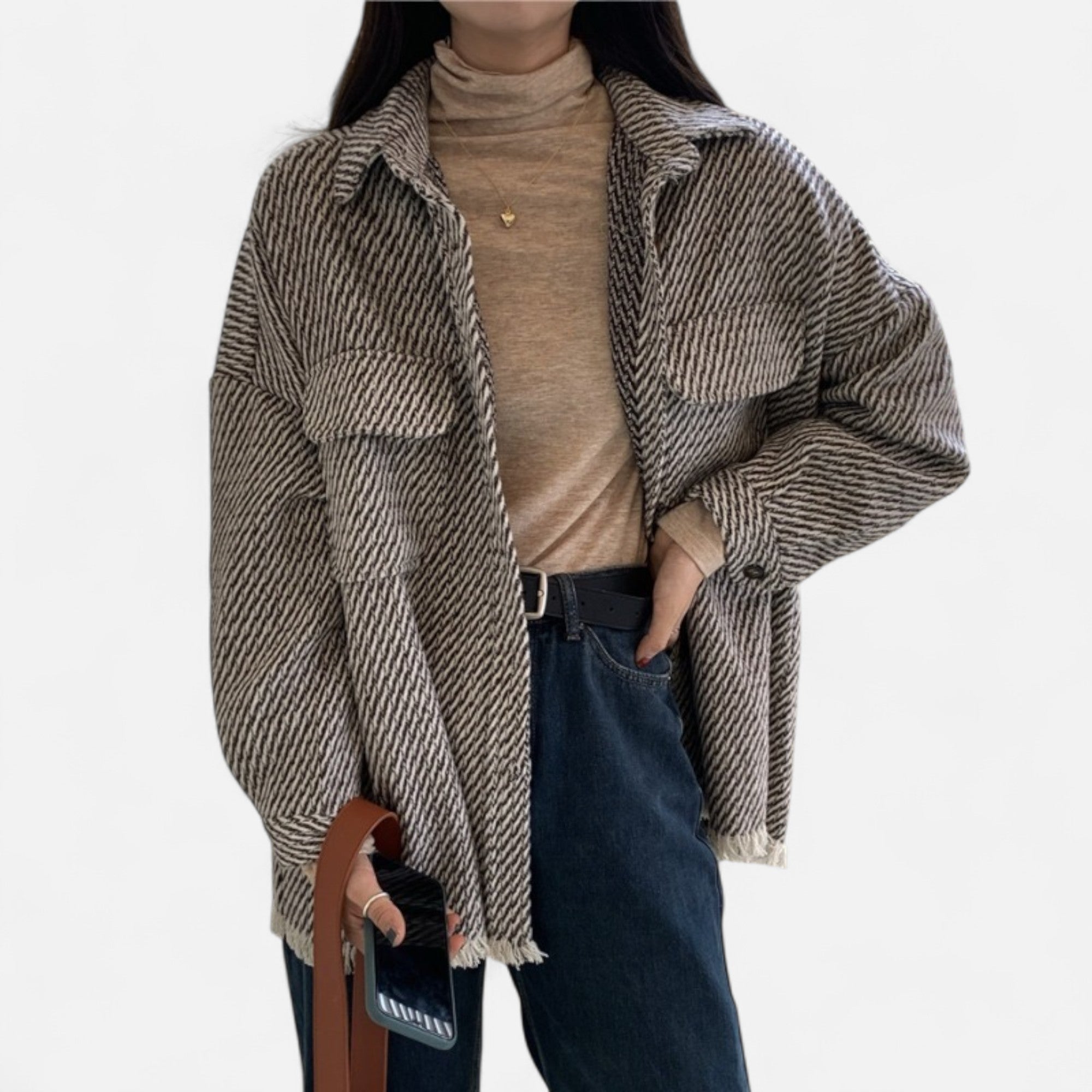 Dorevelle | Women’s Woollen Jacket – Grid Polo Collar Elegance