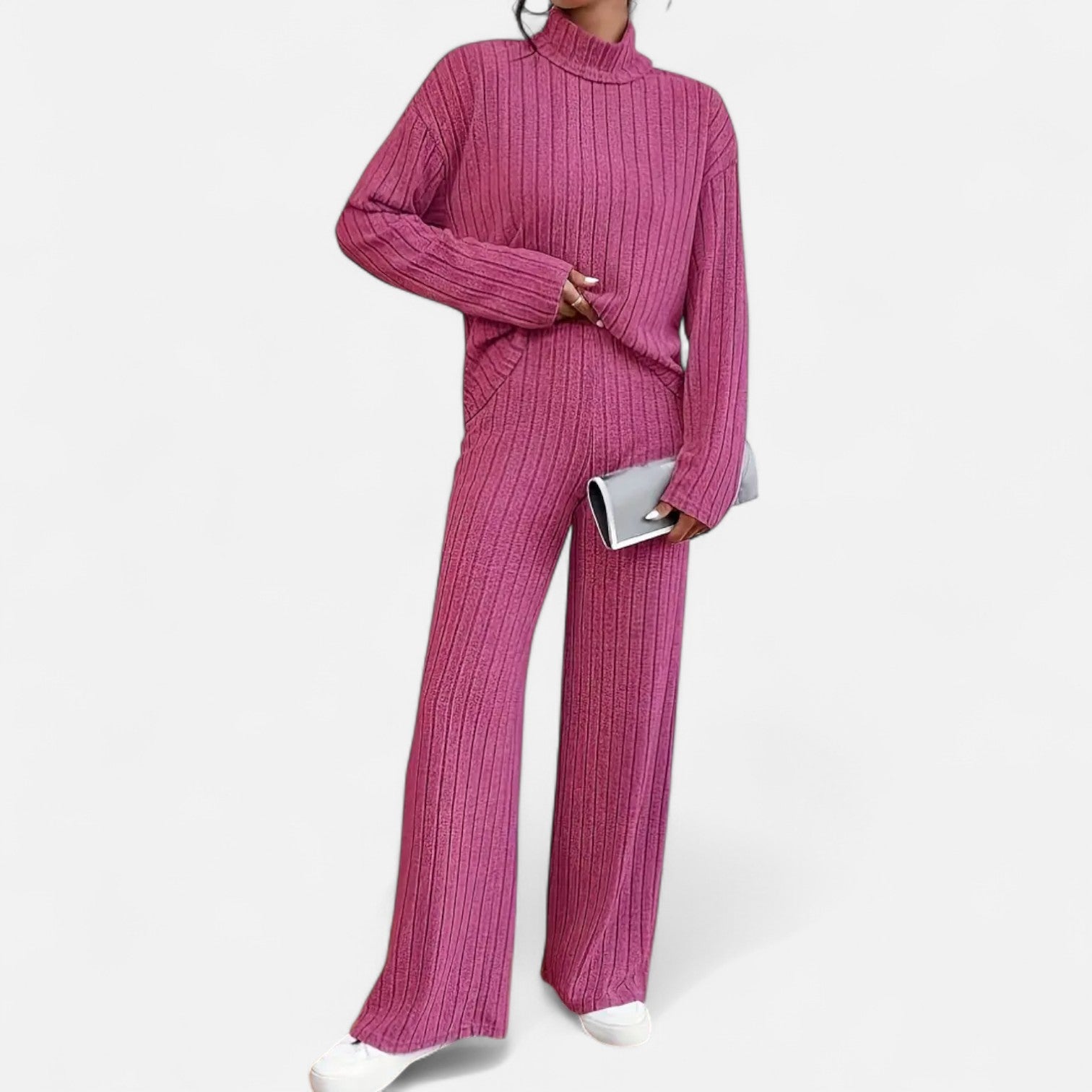 Dorevelle | Women’s Ribbed Set – Mock Neck & Wide-Leg Elegance