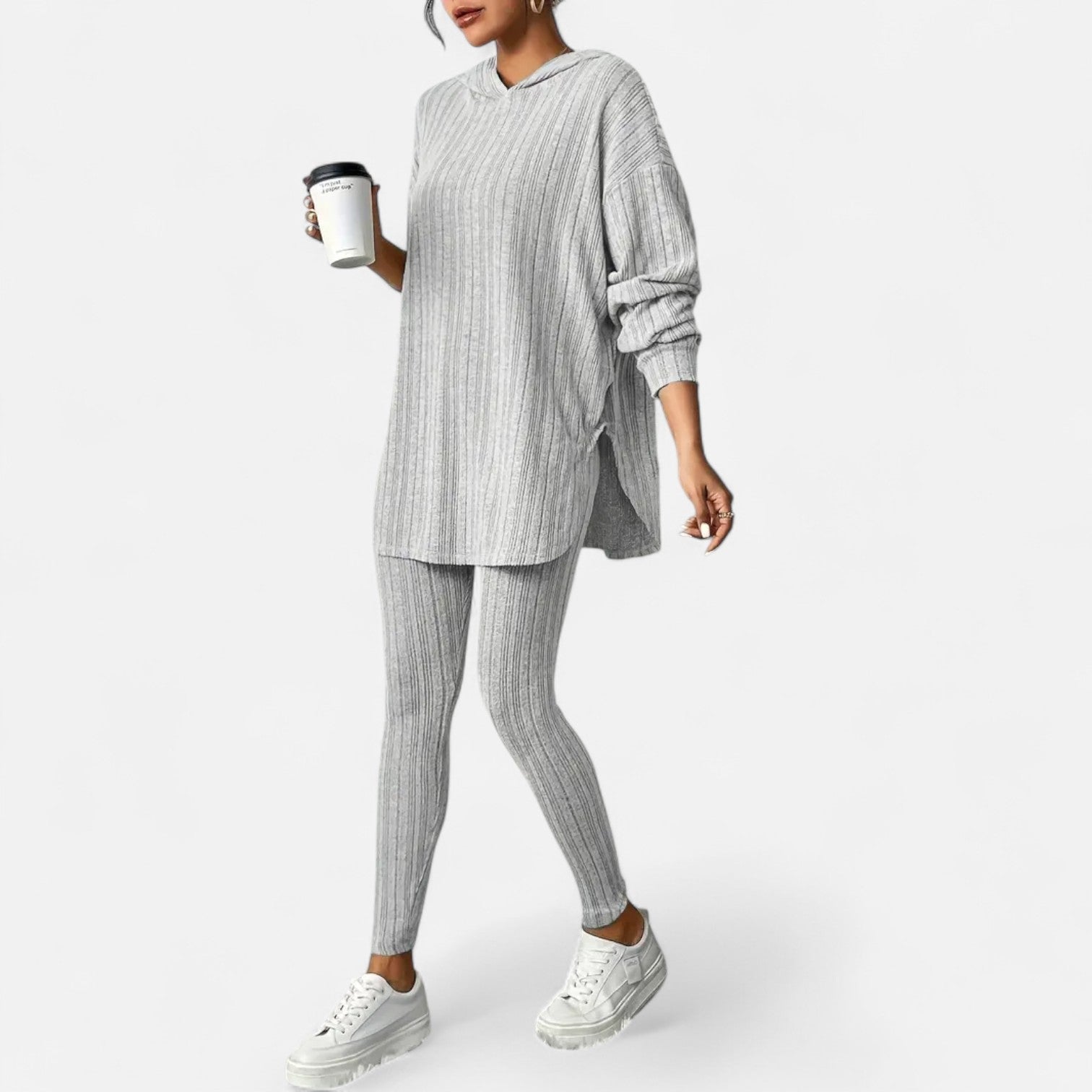 Dorevelle | Women’s Ribbed Set – Hooded Top & Skinny Pants
