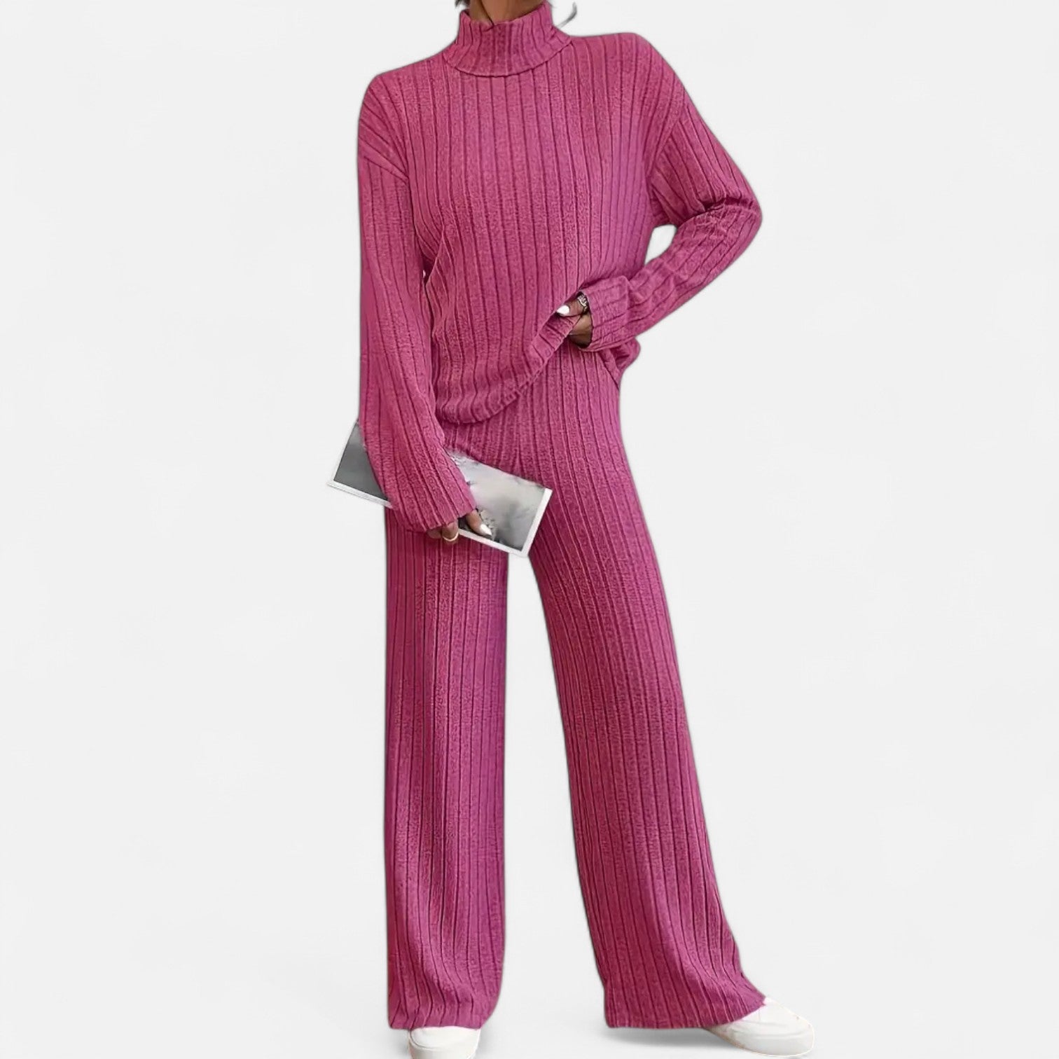 Dorevelle | Women’s Ribbed Set – Mock Neck & Wide-Leg Elegance