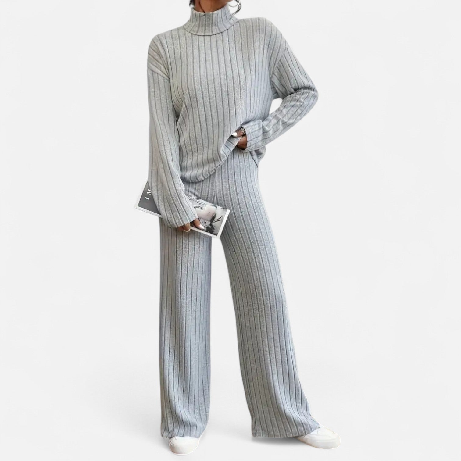 Dorevelle | Women’s Ribbed Set – Mock Neck & Wide-Leg Elegance
