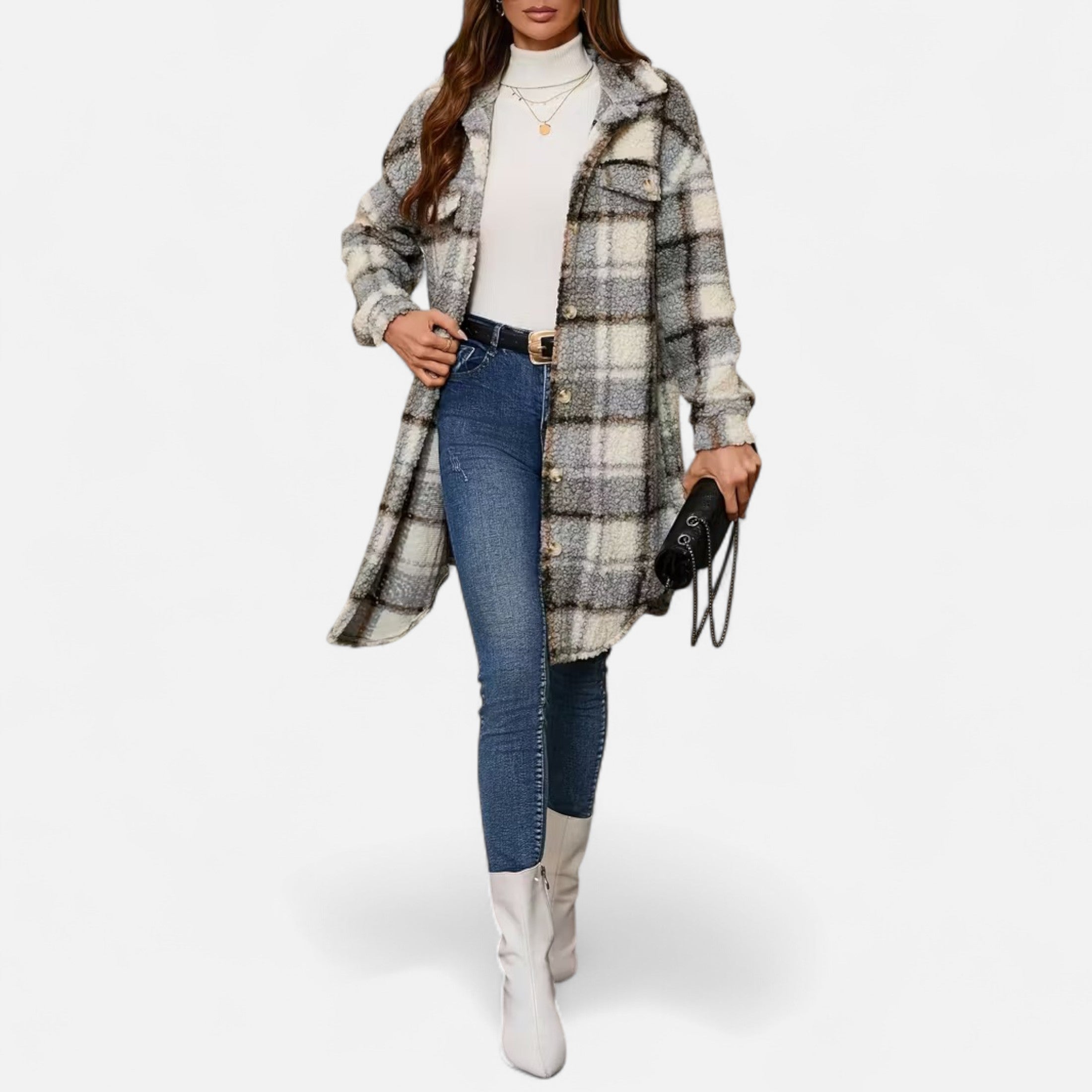 Dorevelle | Women’s Plaid Fuzzy Jacket – Button-Front Longline
