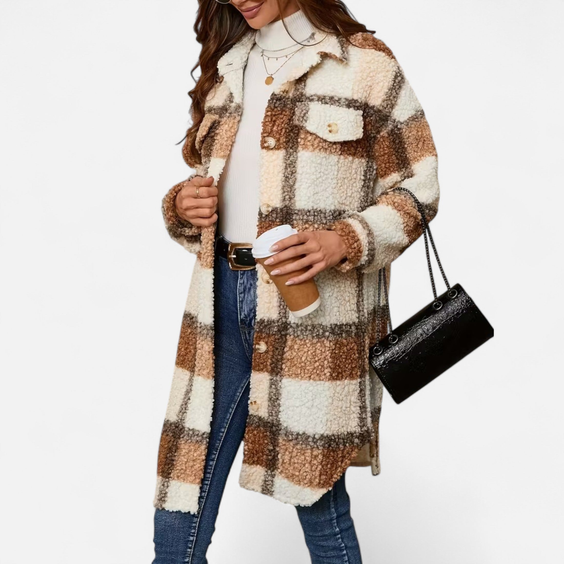 Dorevelle | Women’s Plaid Fuzzy Jacket – Button-Front Longline