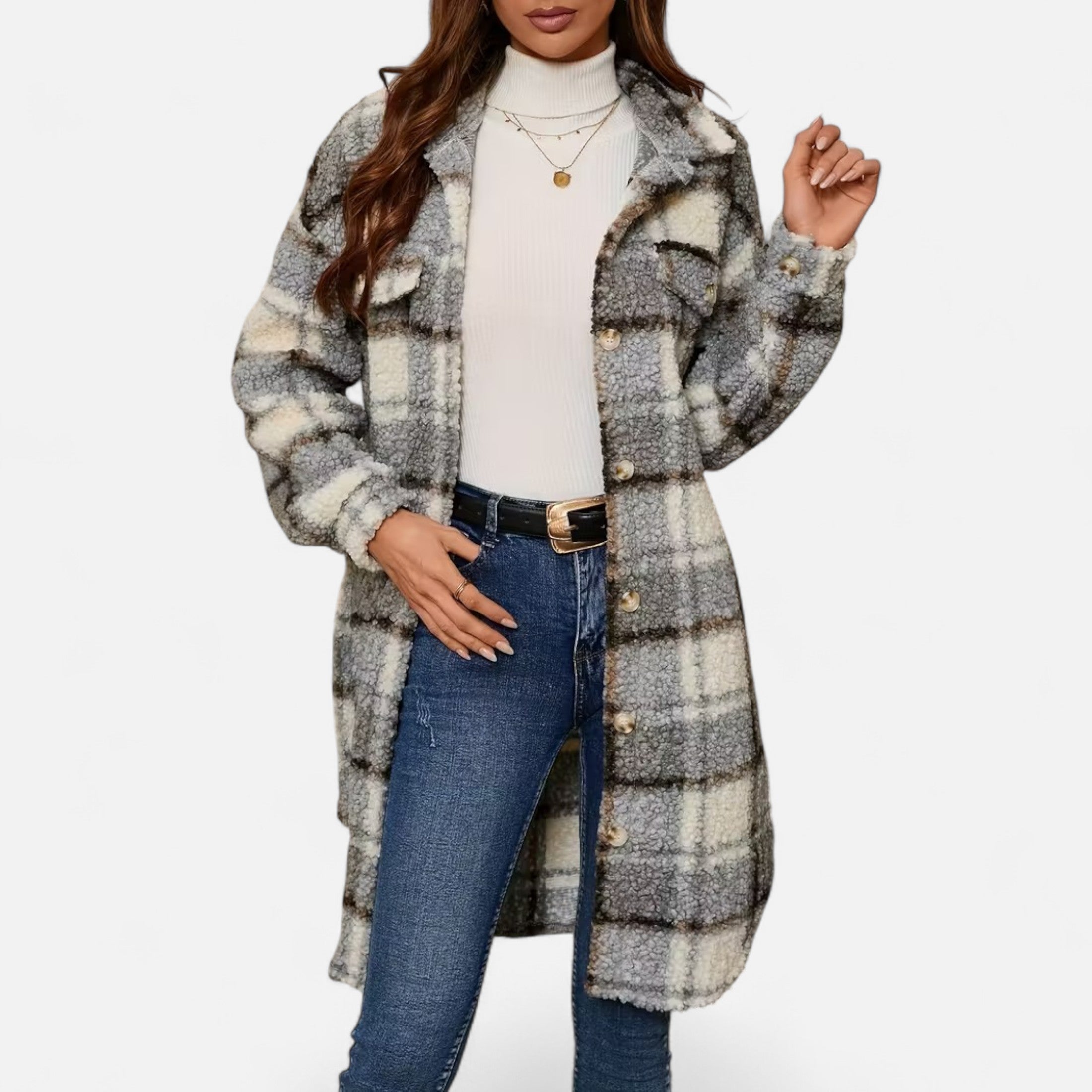 Dorevelle | Women’s Plaid Fuzzy Jacket – Button-Front Longline