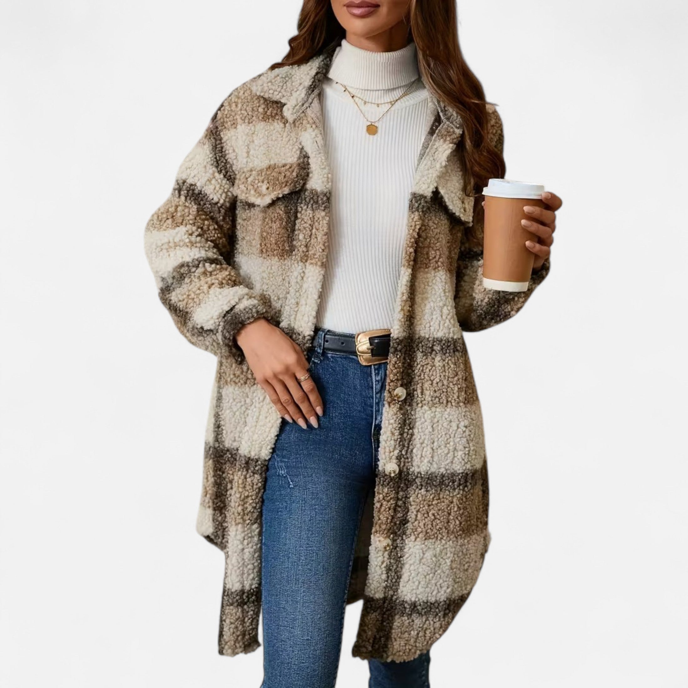 Dorevelle | Women’s Plaid Fuzzy Jacket – Button-Front Longline
