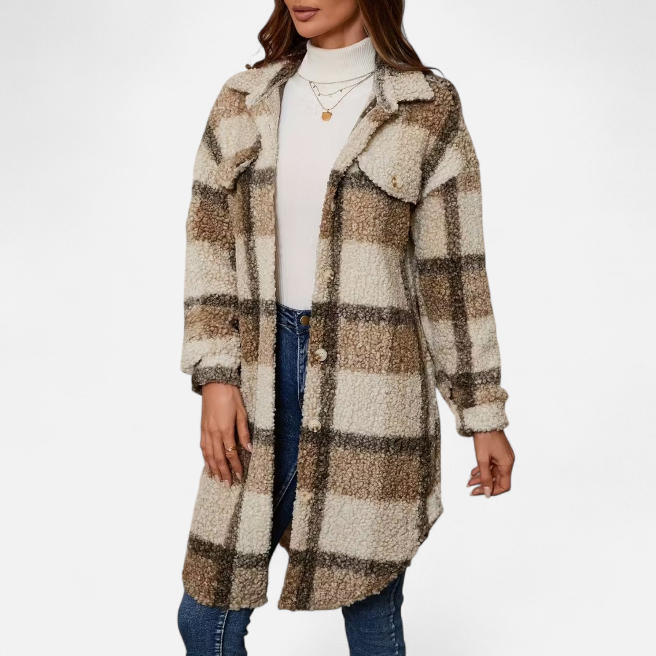Dorevelle | Women’s Plaid Fuzzy Jacket – Button-Front Longline