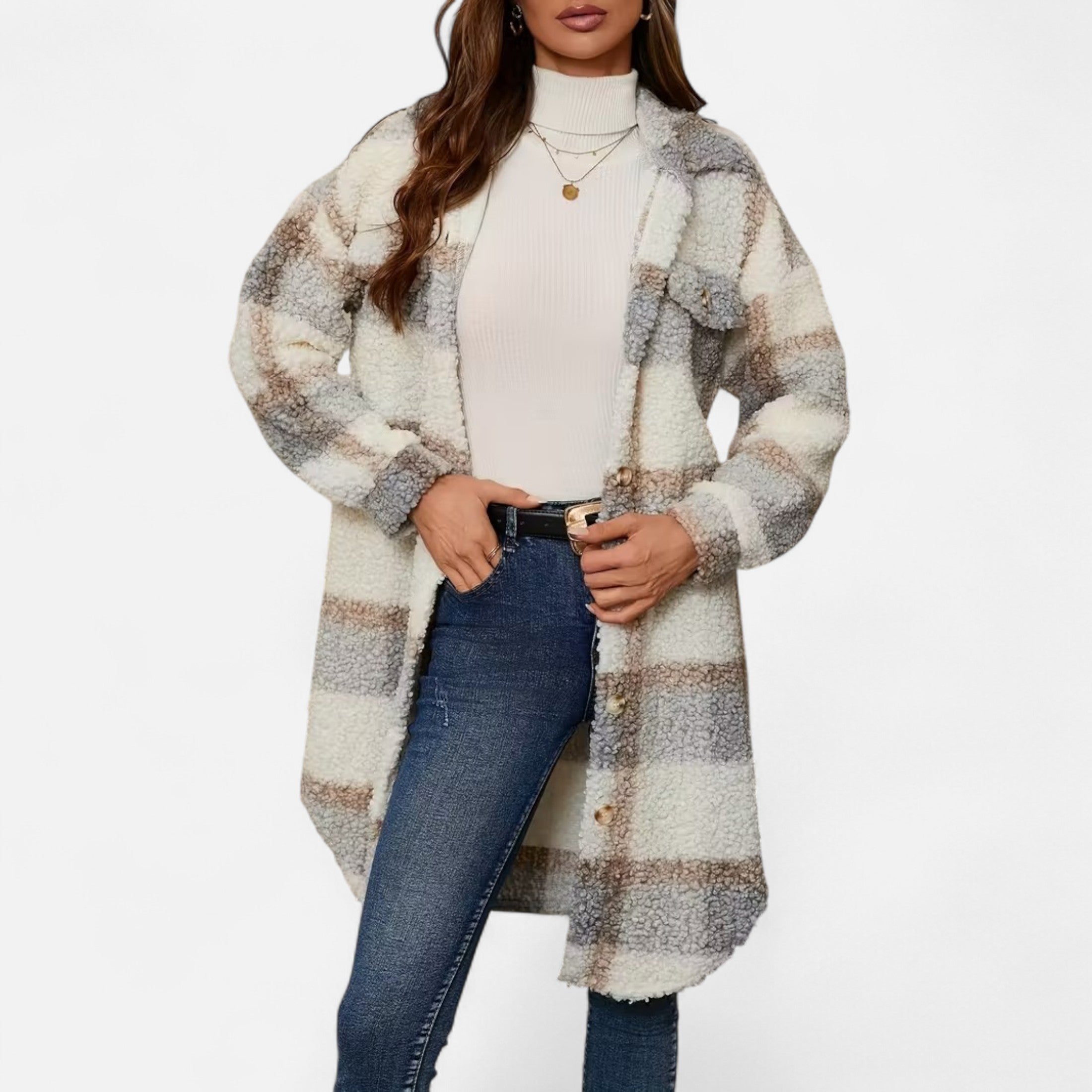 Dorevelle | Women’s Plaid Fuzzy Jacket – Button-Front Longline