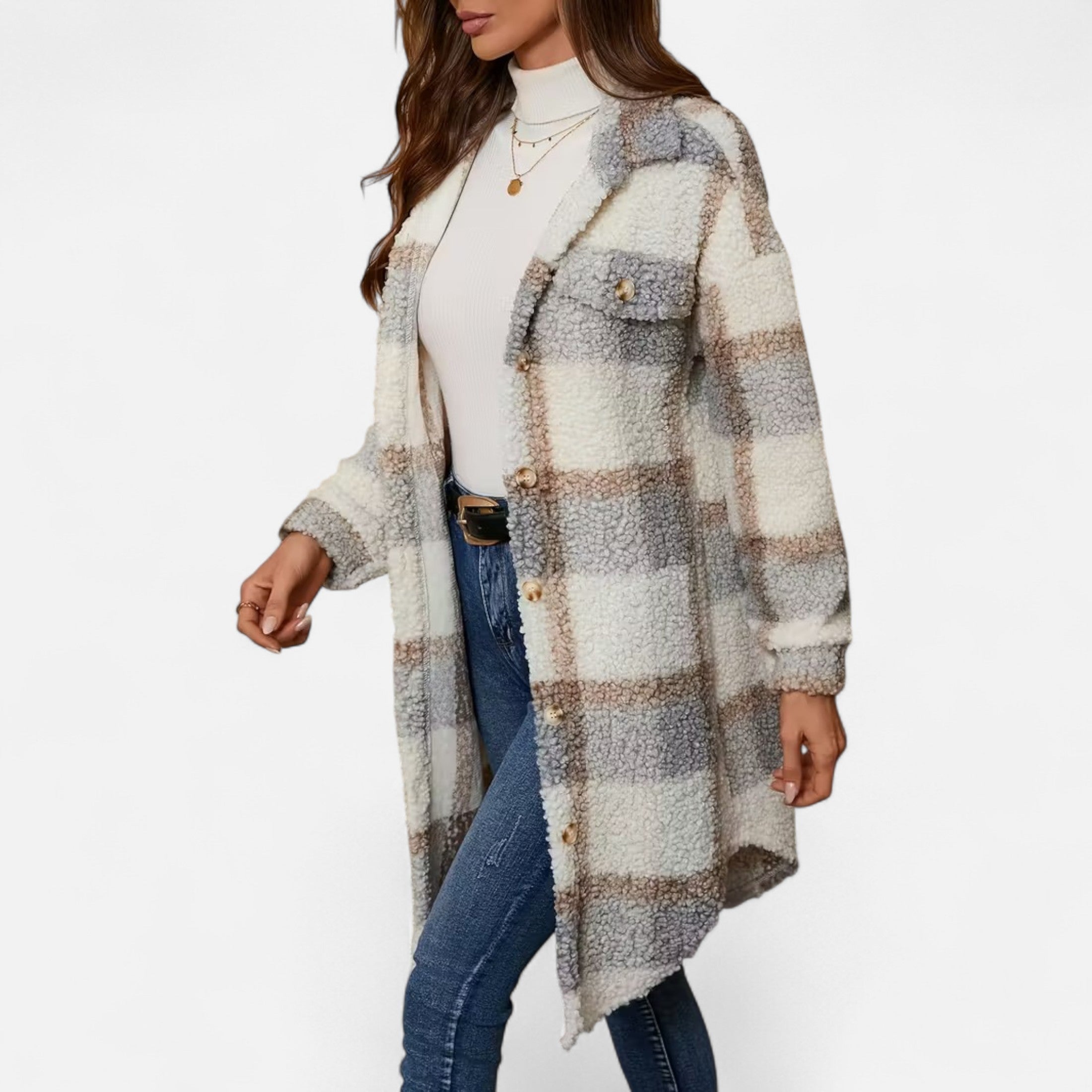 Dorevelle | Women’s Plaid Fuzzy Jacket – Button-Front Longline