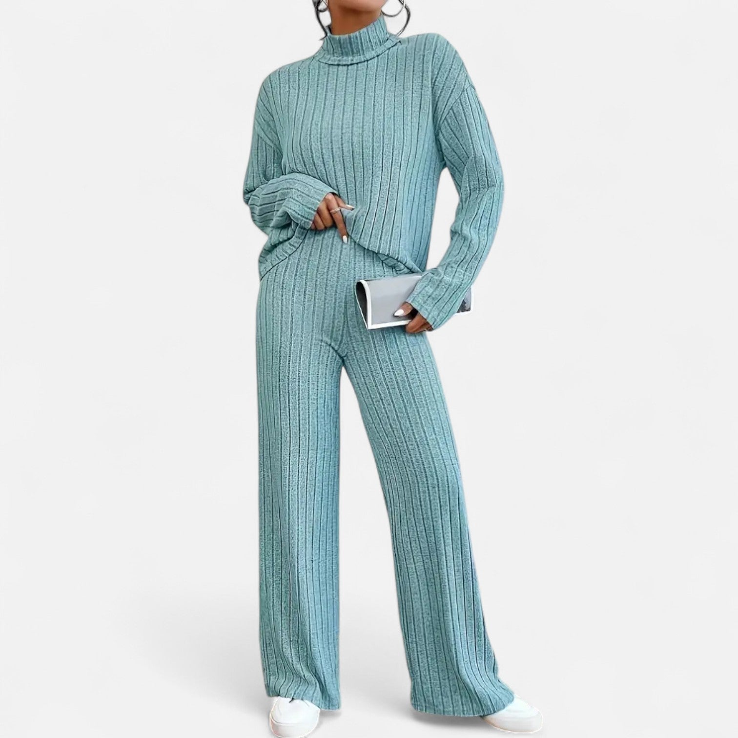 Dorevelle | Women’s Ribbed Set – Mock Neck & Wide-Leg Elegance