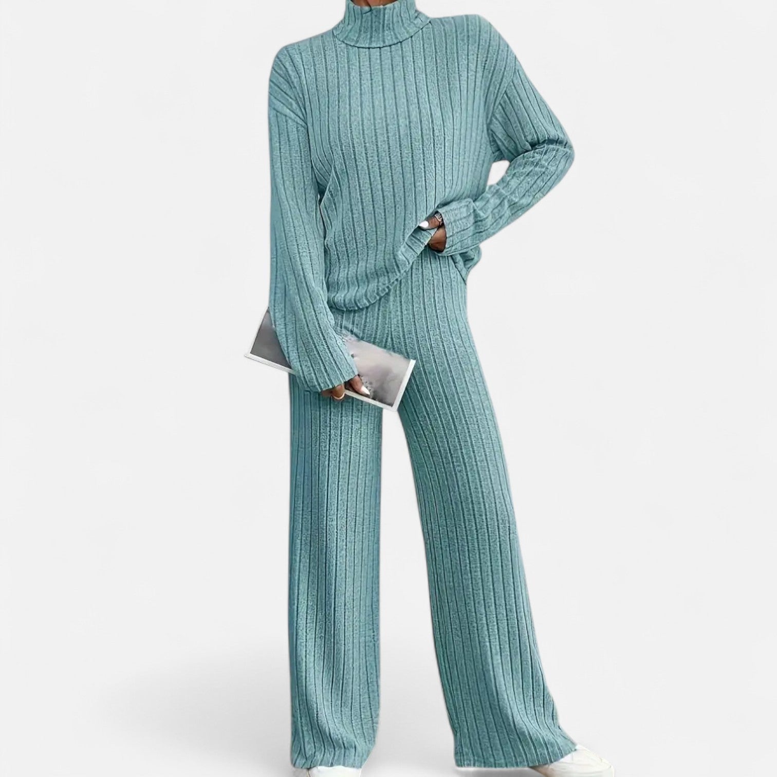 Dorevelle | Women’s Ribbed Set – Mock Neck & Wide-Leg Elegance