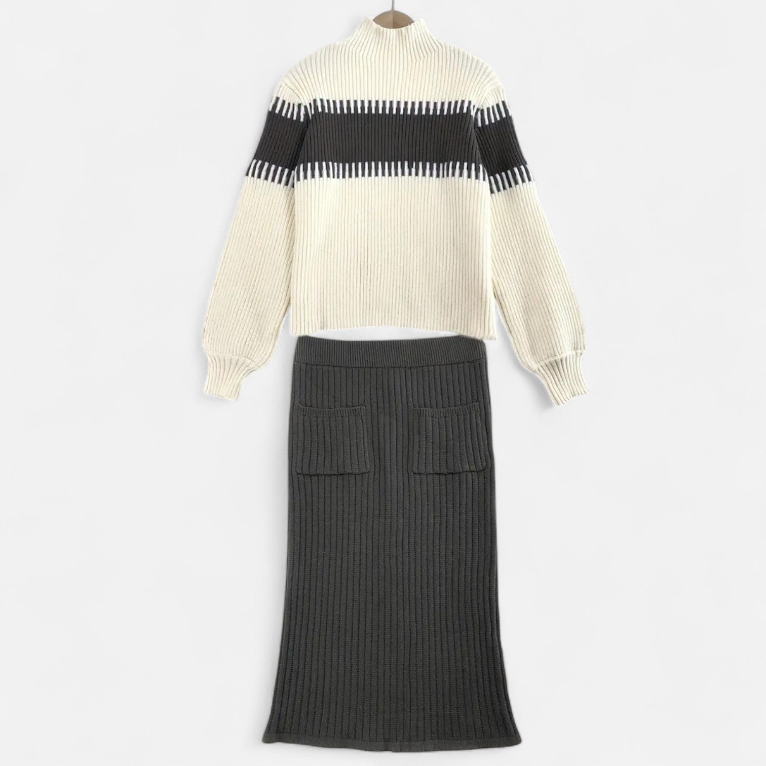Dorevelle | Women’s Knit Set – High-Neck Pullover & Midi Skirt
