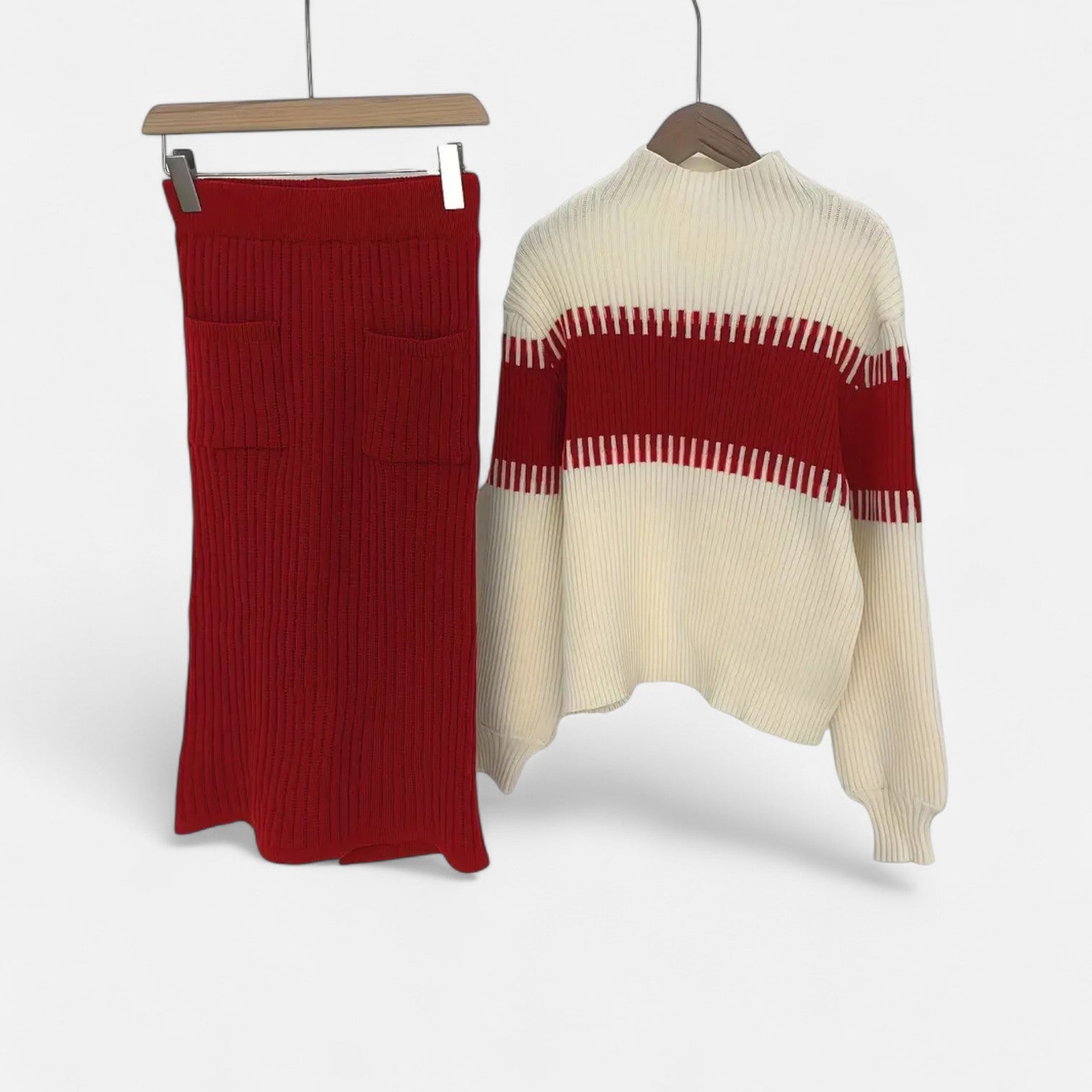 Dorevelle | Women’s Knit Set – High-Neck Pullover & Midi Skirt