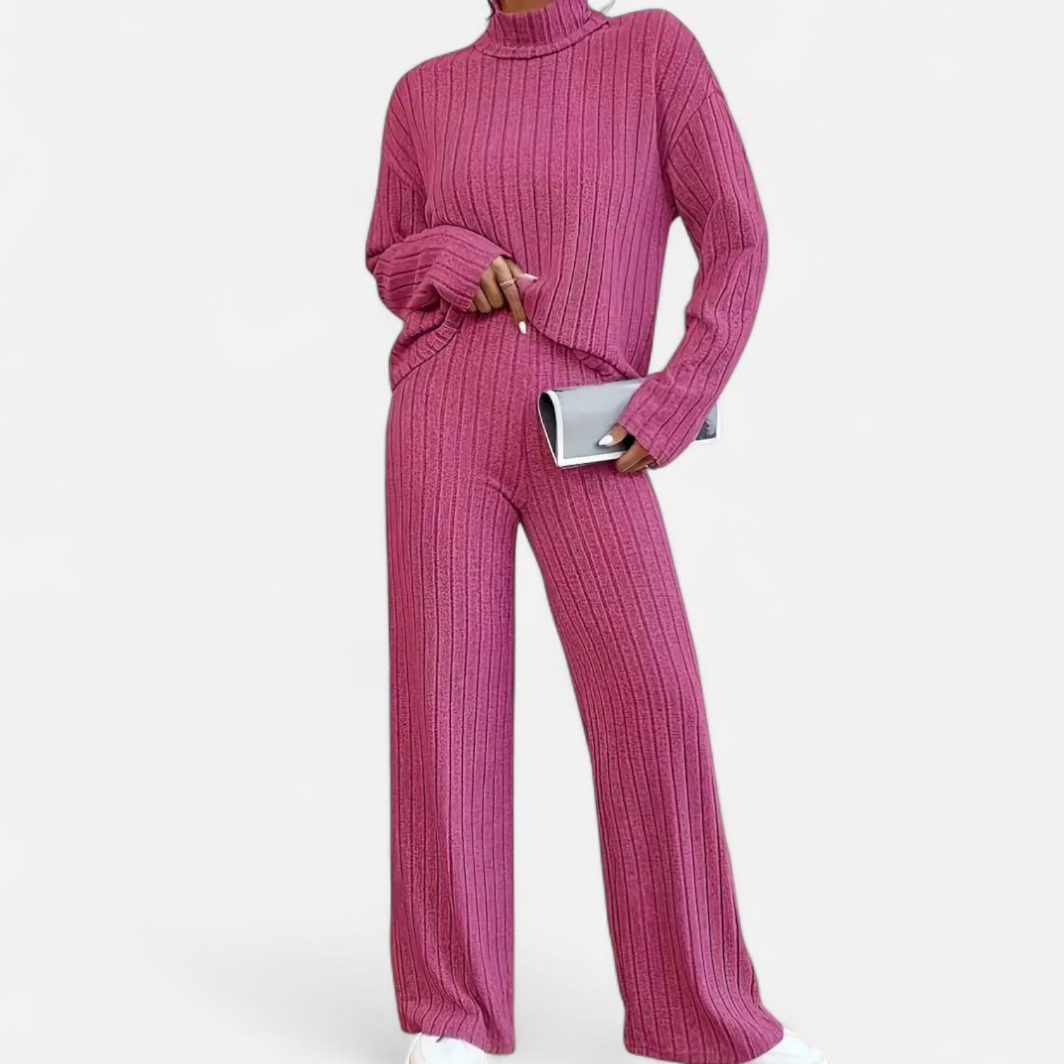 Dorevelle | Women’s Ribbed Set – Mock Neck & Wide-Leg Elegance