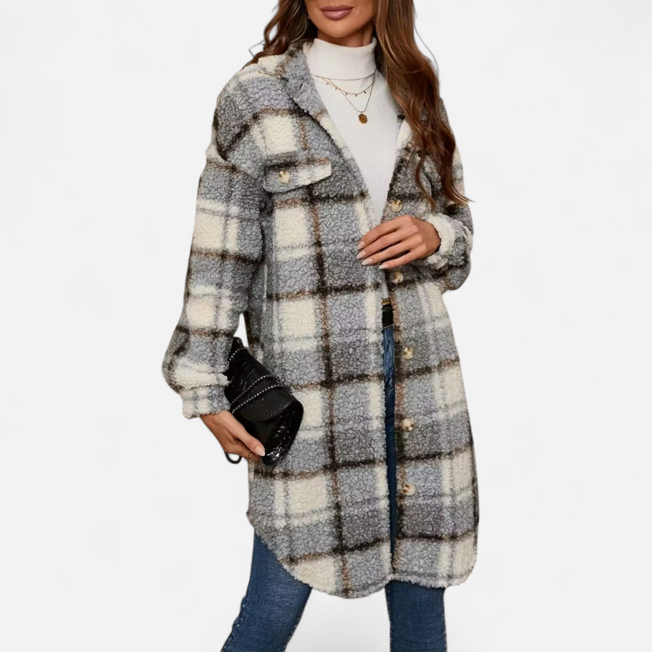 Dorevelle | Women’s Plaid Fuzzy Jacket – Button-Front Longline