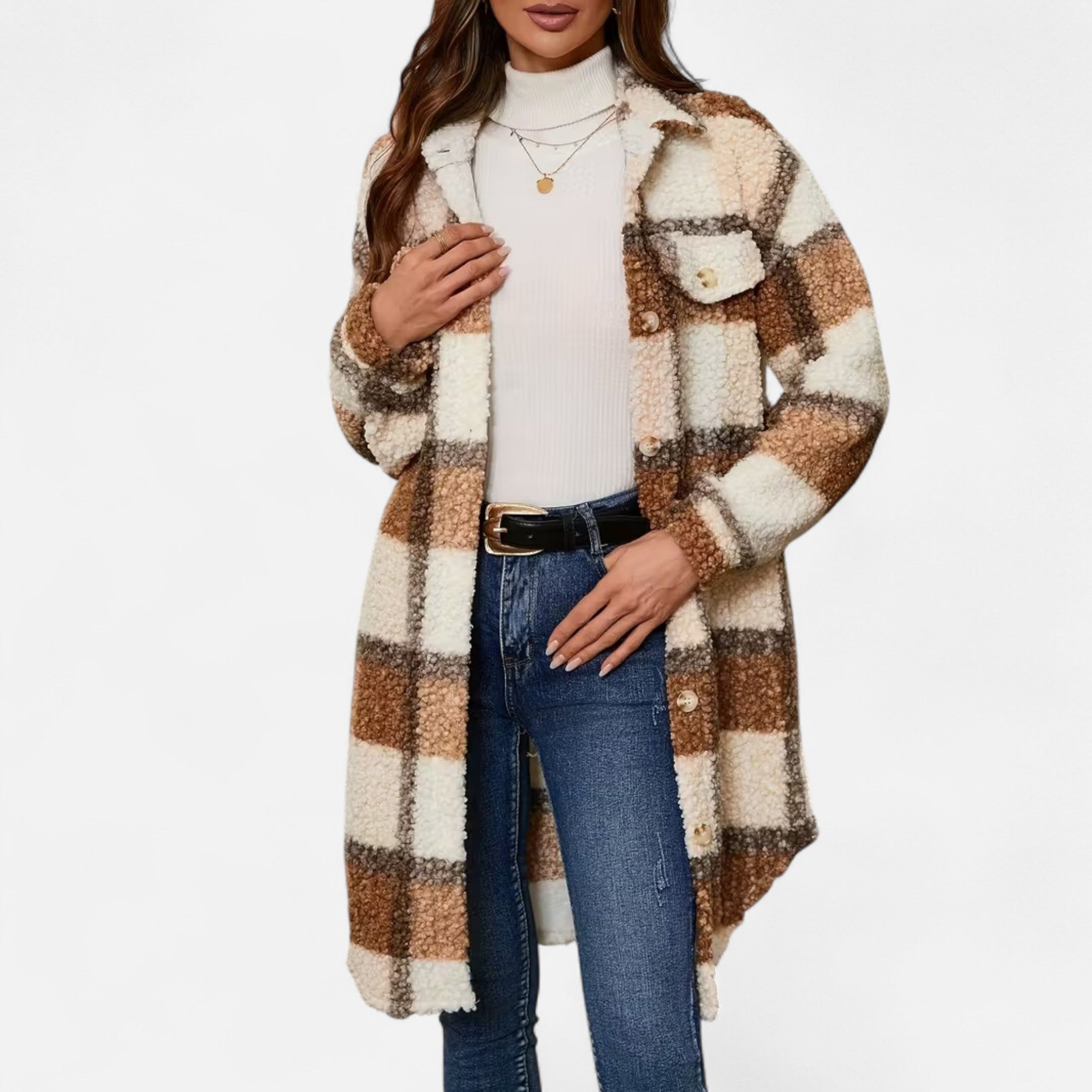 Dorevelle | Women’s Plaid Fuzzy Jacket – Button-Front Longline