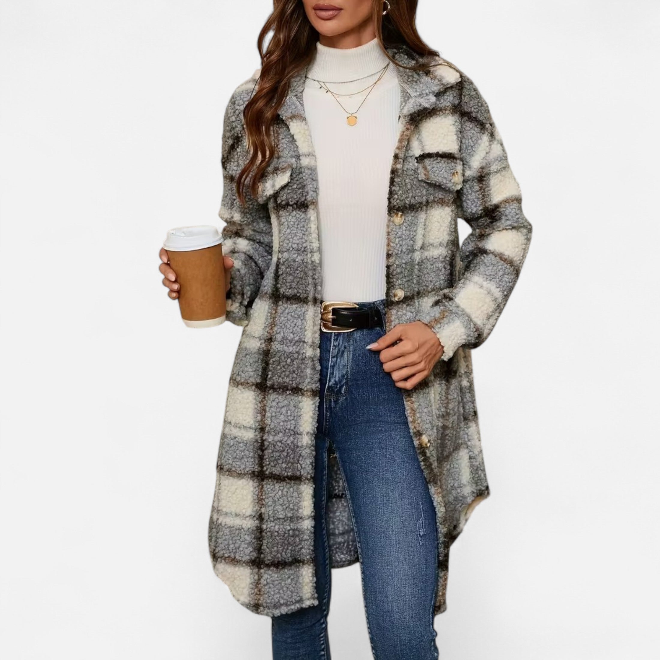 Dorevelle | Women’s Plaid Fuzzy Jacket – Button-Front Longline