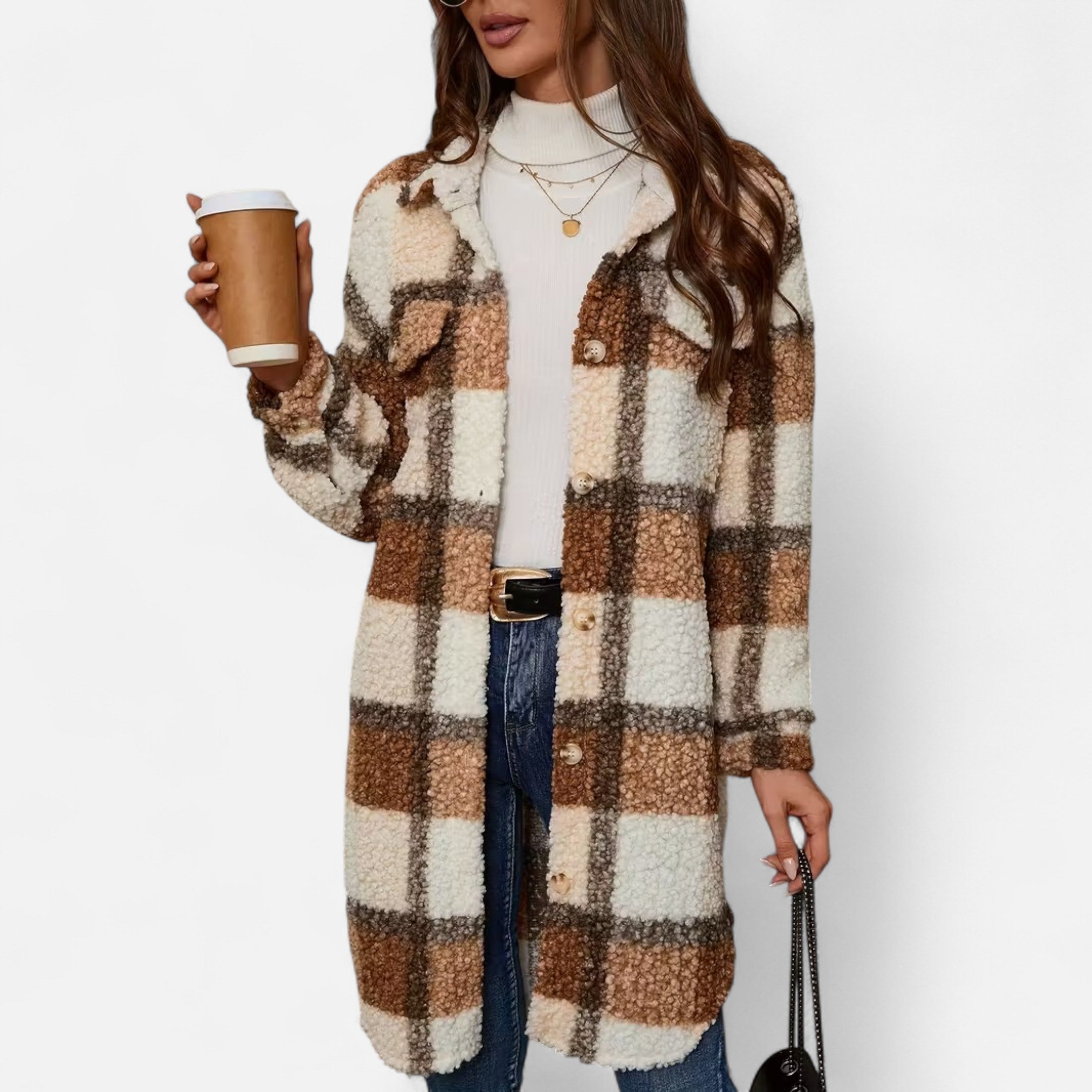 Dorevelle | Women’s Plaid Fuzzy Jacket – Button-Front Longline