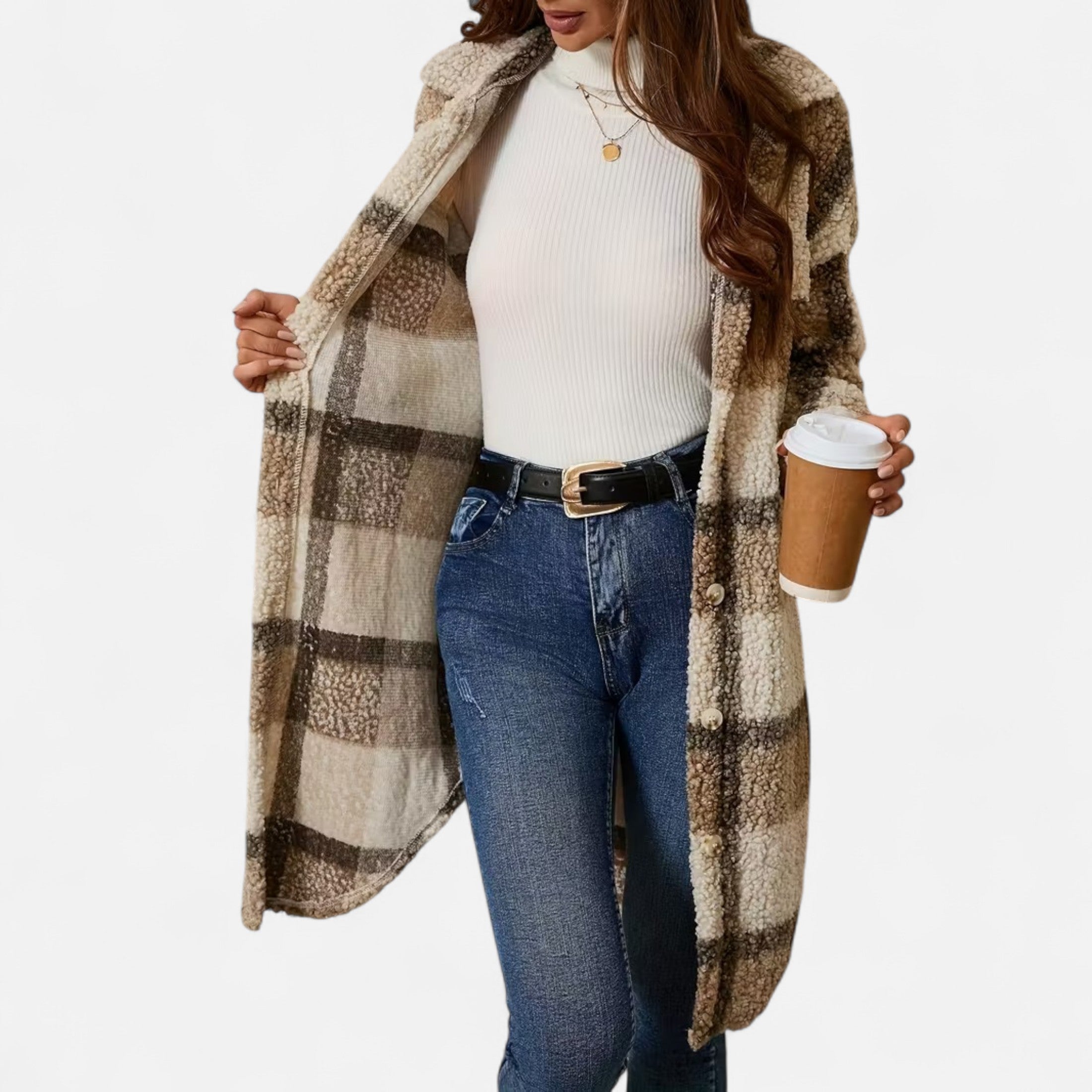 Dorevelle | Women’s Plaid Fuzzy Jacket – Button-Front Longline