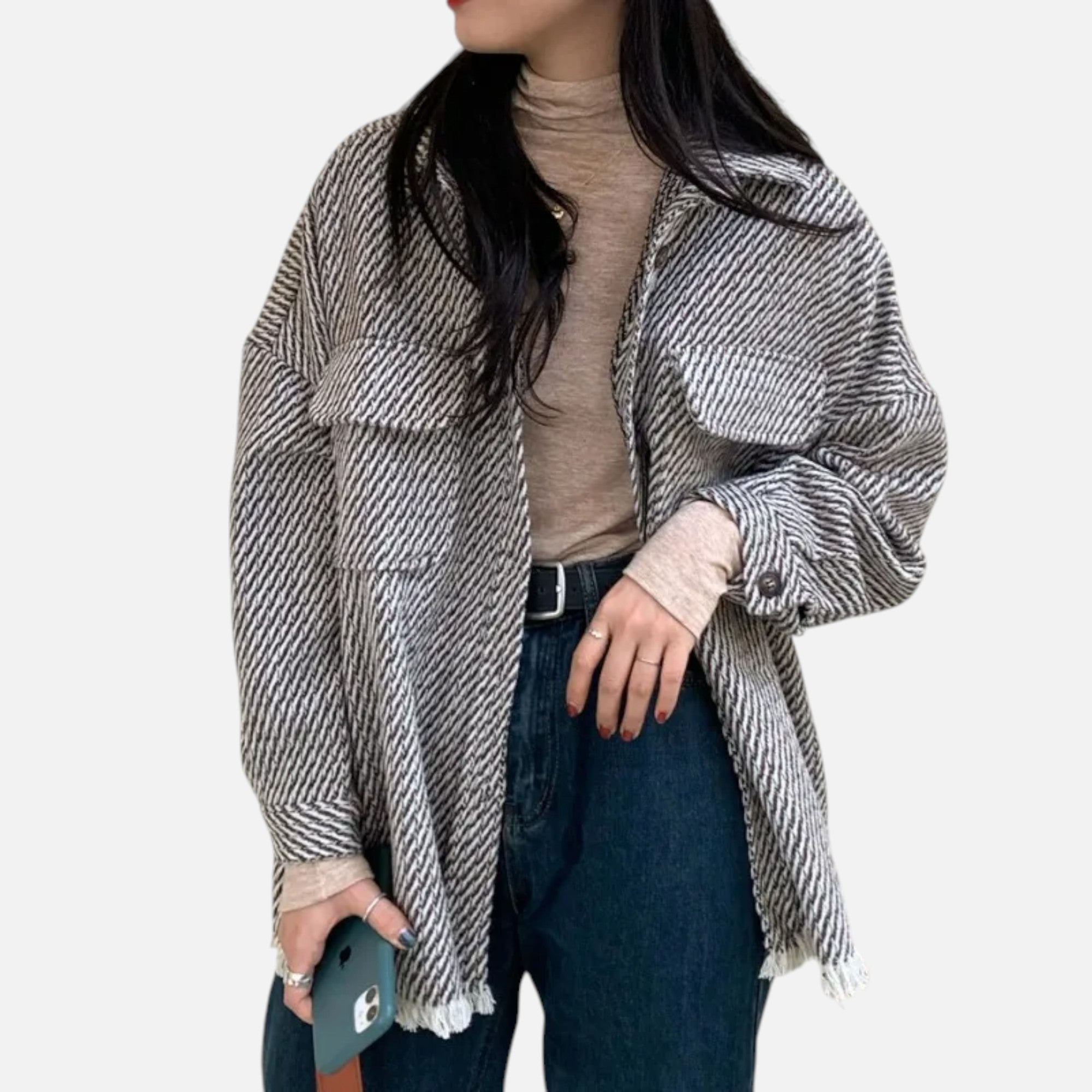 Dorevelle | Women’s Woollen Jacket – Grid Polo Collar Elegance