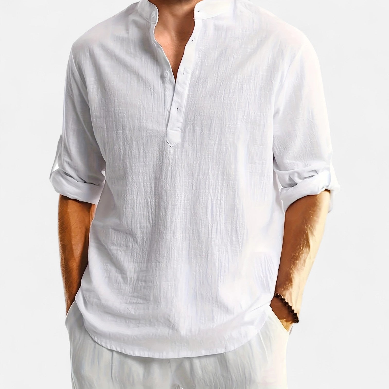 Dorevelle | Men’s Linen Henley – Heritage Collarless Style