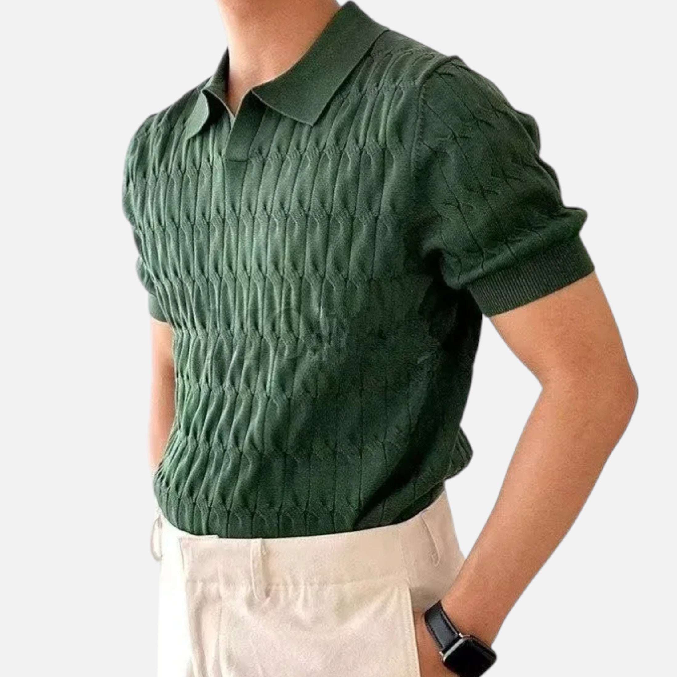 Dorevelle | Men’s Knitted Polo Shirt – Jacquard V-Neck Elegance
