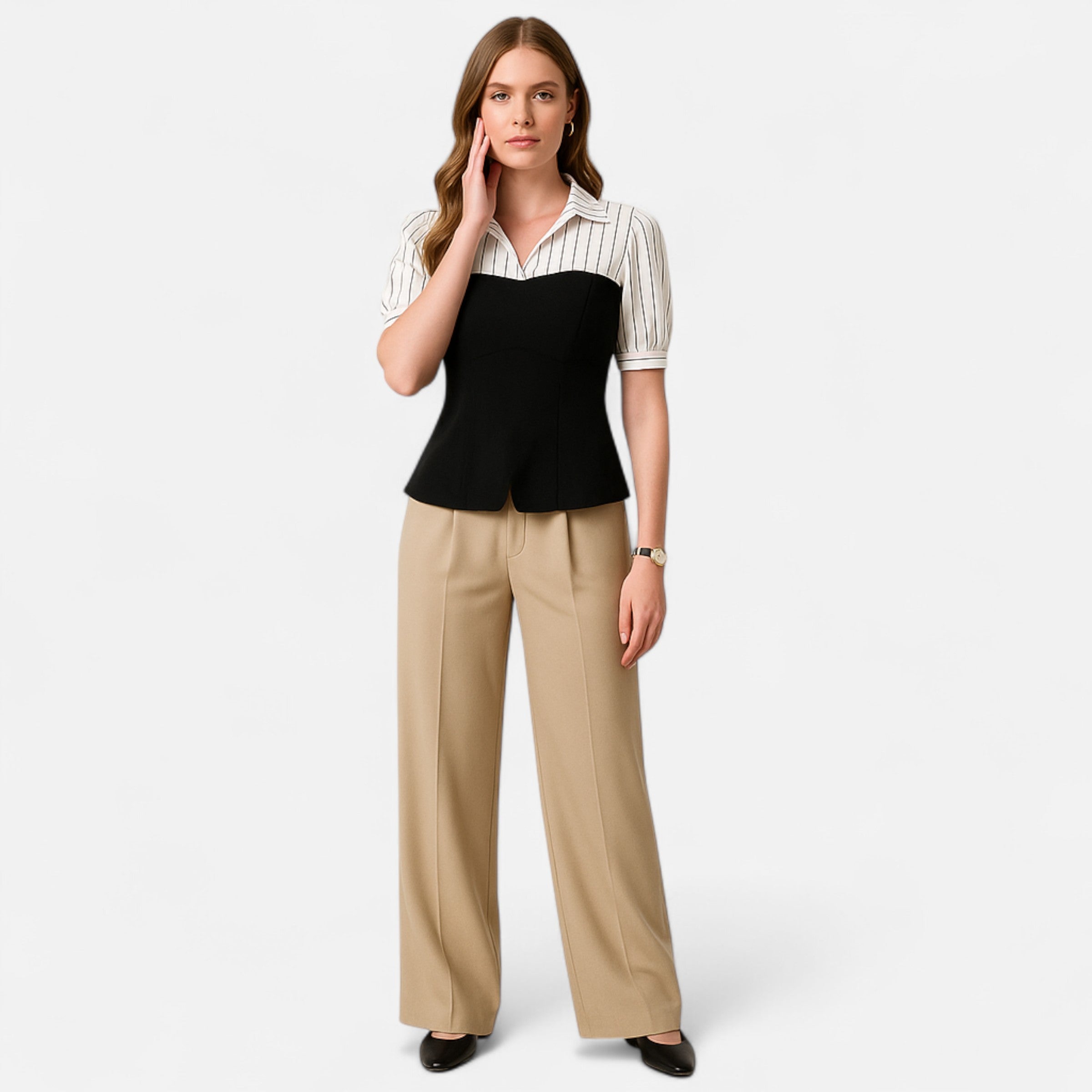 Dorevelle | Women’s Blouse – Striped Patchwork Elegance