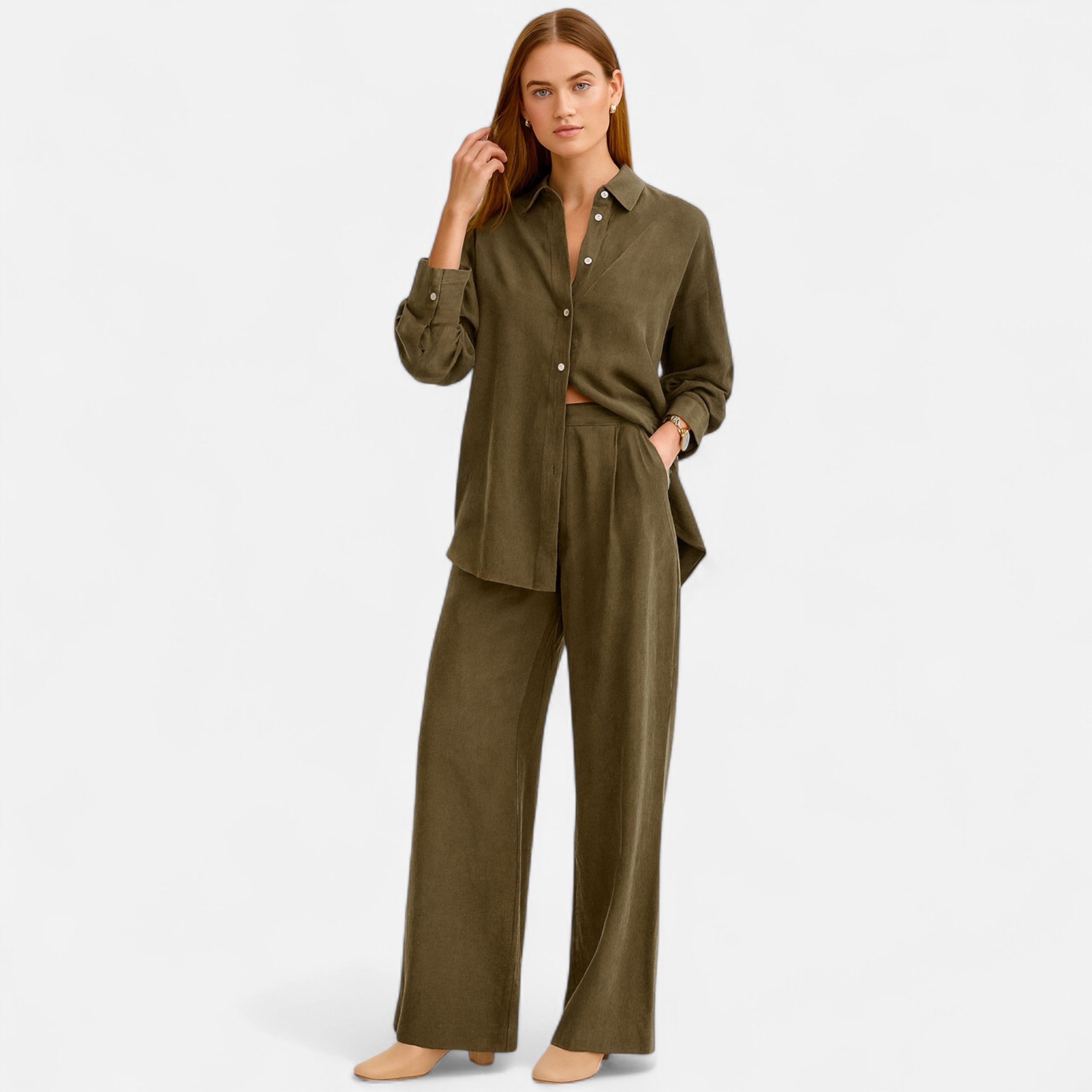 Dorevelle | Women’s Linen Suit – Olive Heritage Elegance