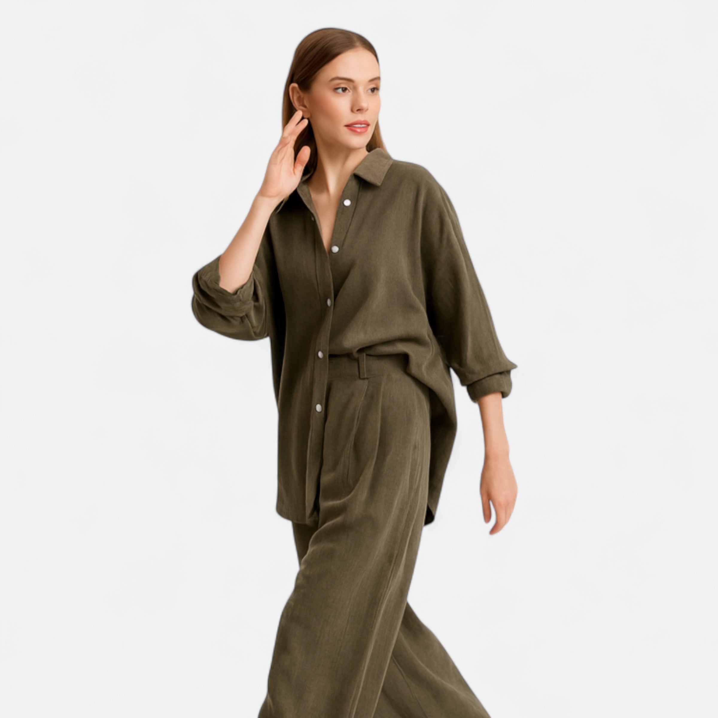 Dorevelle | Women’s Linen Suit – Olive Heritage Elegance