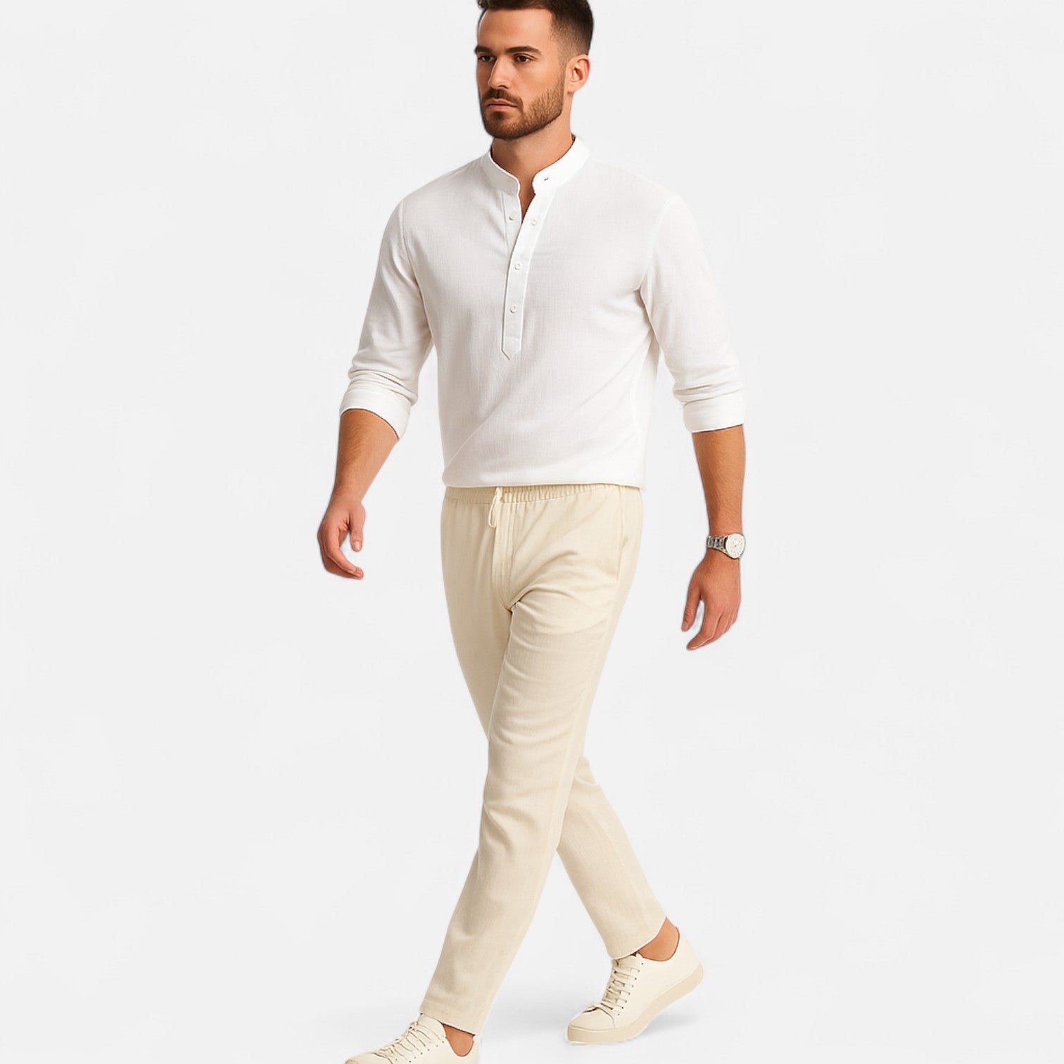 Dorevelle | Men’s Linen Henley – Heritage Collarless Style