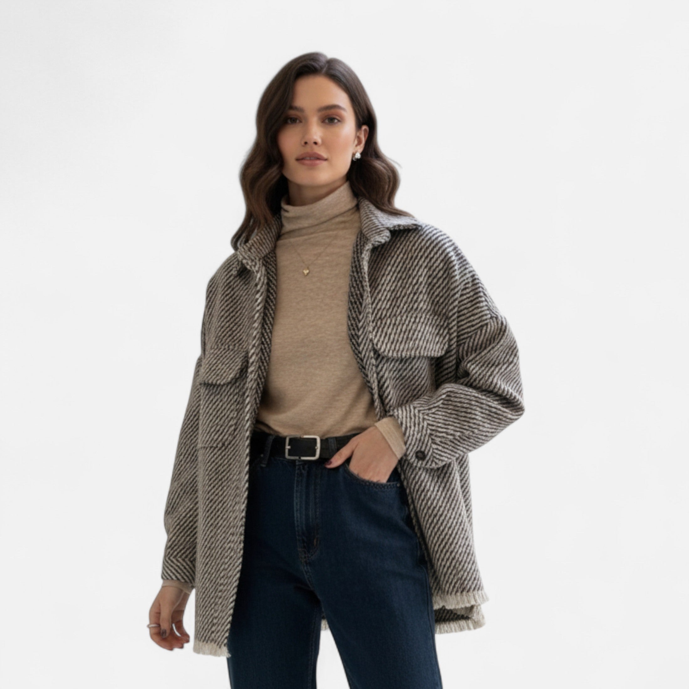 Dorevelle | Women’s Woollen Jacket – Grid Polo Collar Elegance