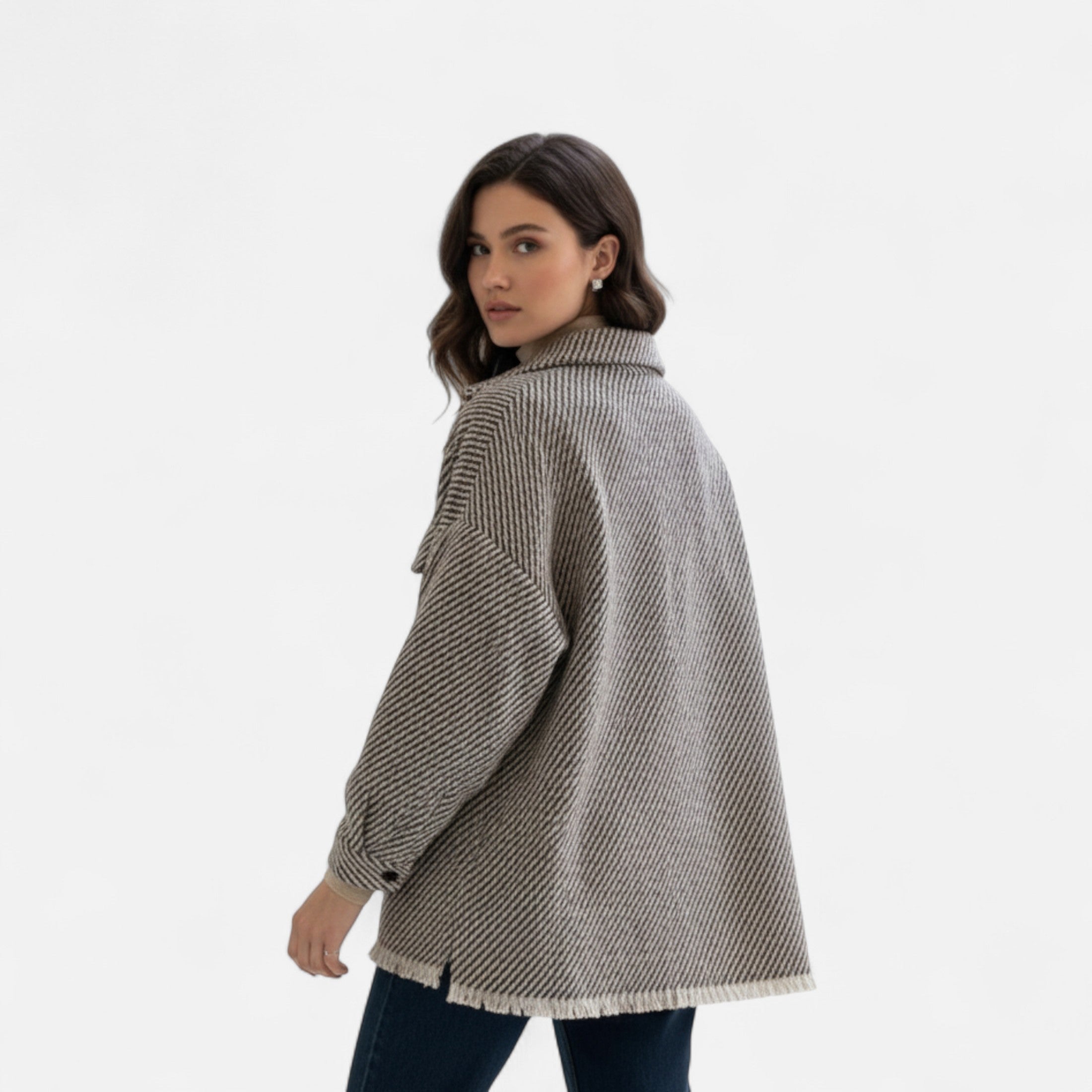 Dorevelle | Women’s Woollen Jacket – Grid Polo Collar Elegance