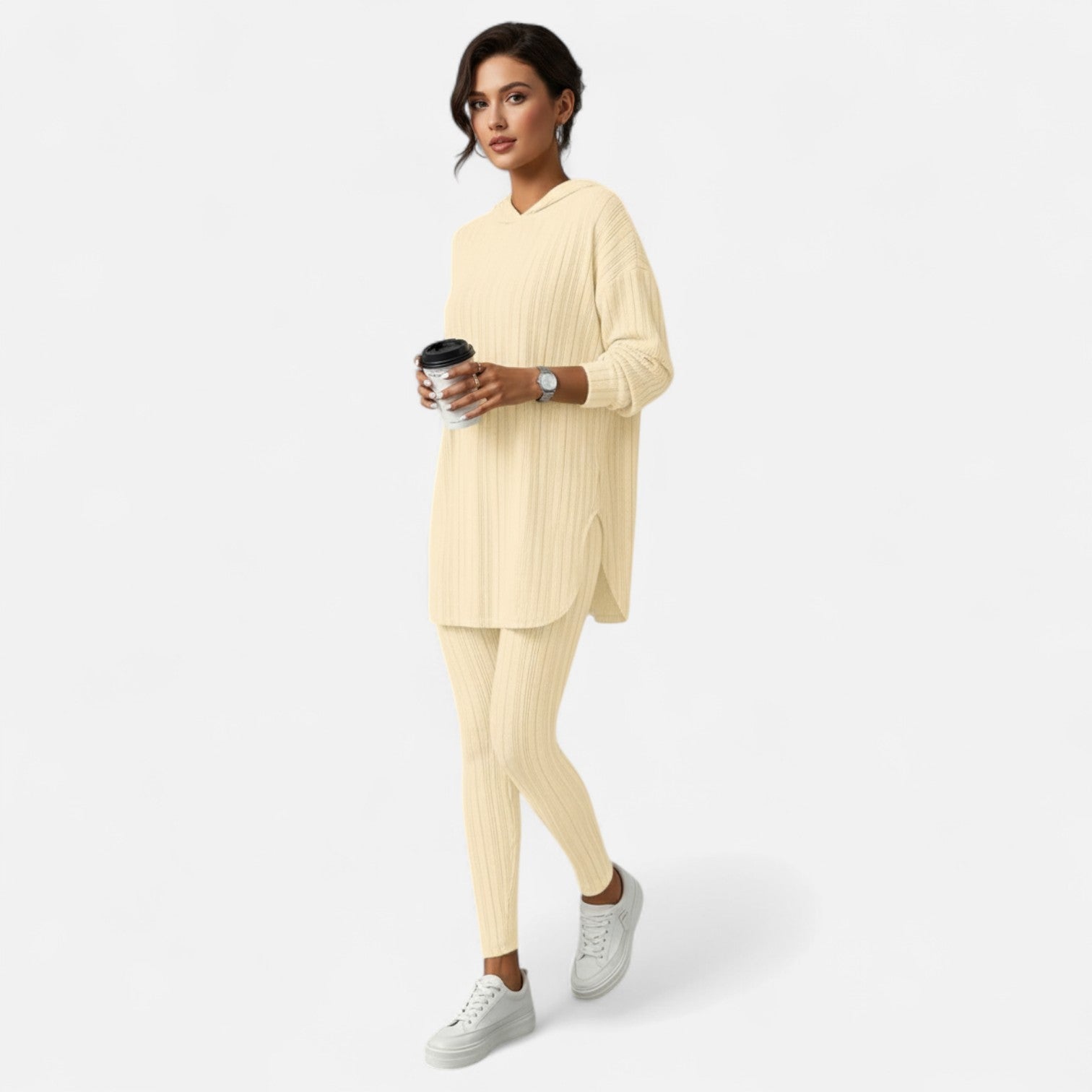 Dorevelle | Women’s Ribbed Set – Hooded Top & Skinny Pants