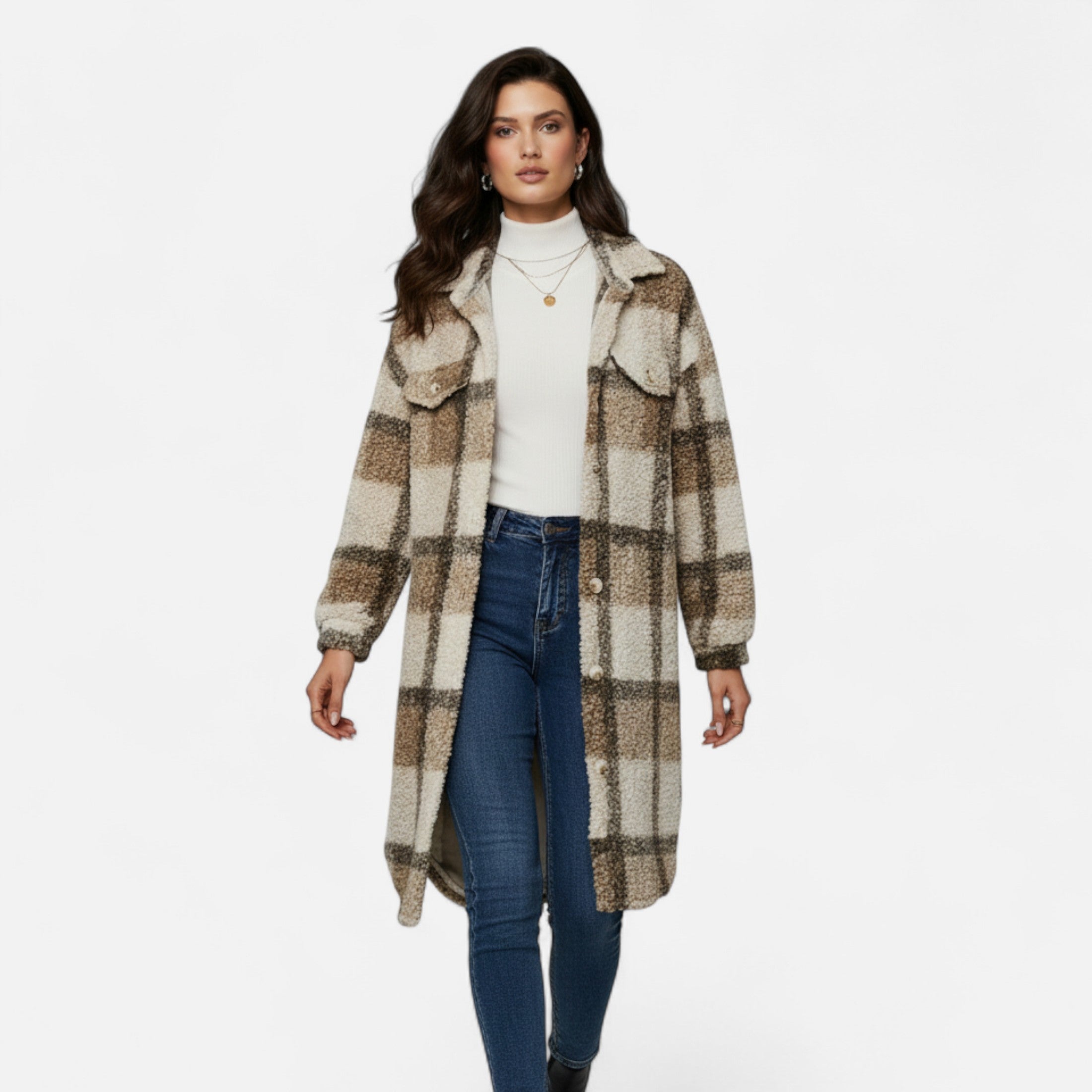 Dorevelle | Women’s Plaid Fuzzy Jacket – Button-Front Longline