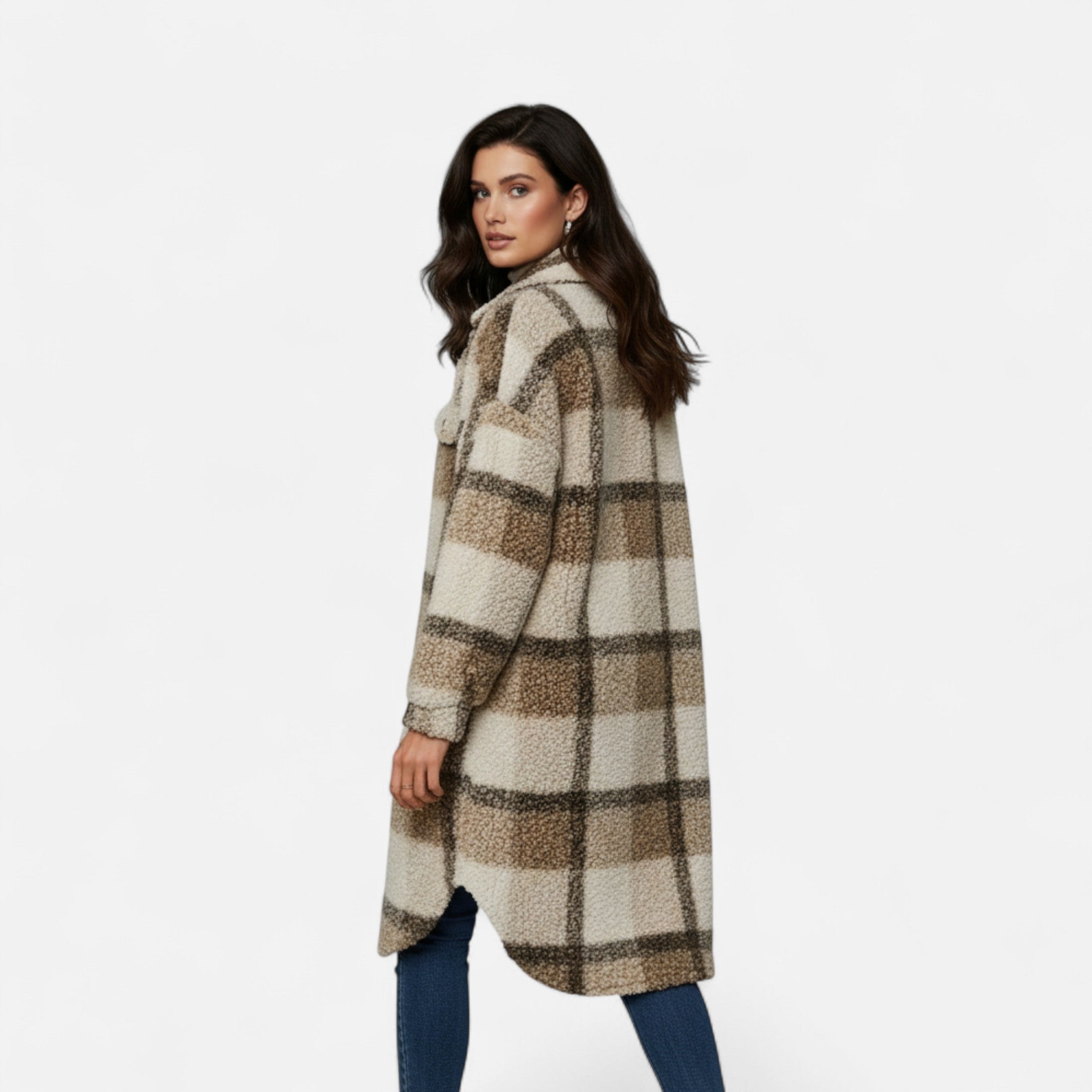 Dorevelle | Women’s Plaid Fuzzy Jacket – Button-Front Longline