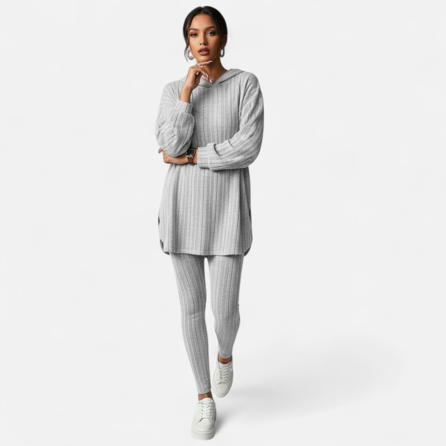 Dorevelle | Women’s Ribbed Set – Hooded Top & Skinny Pants