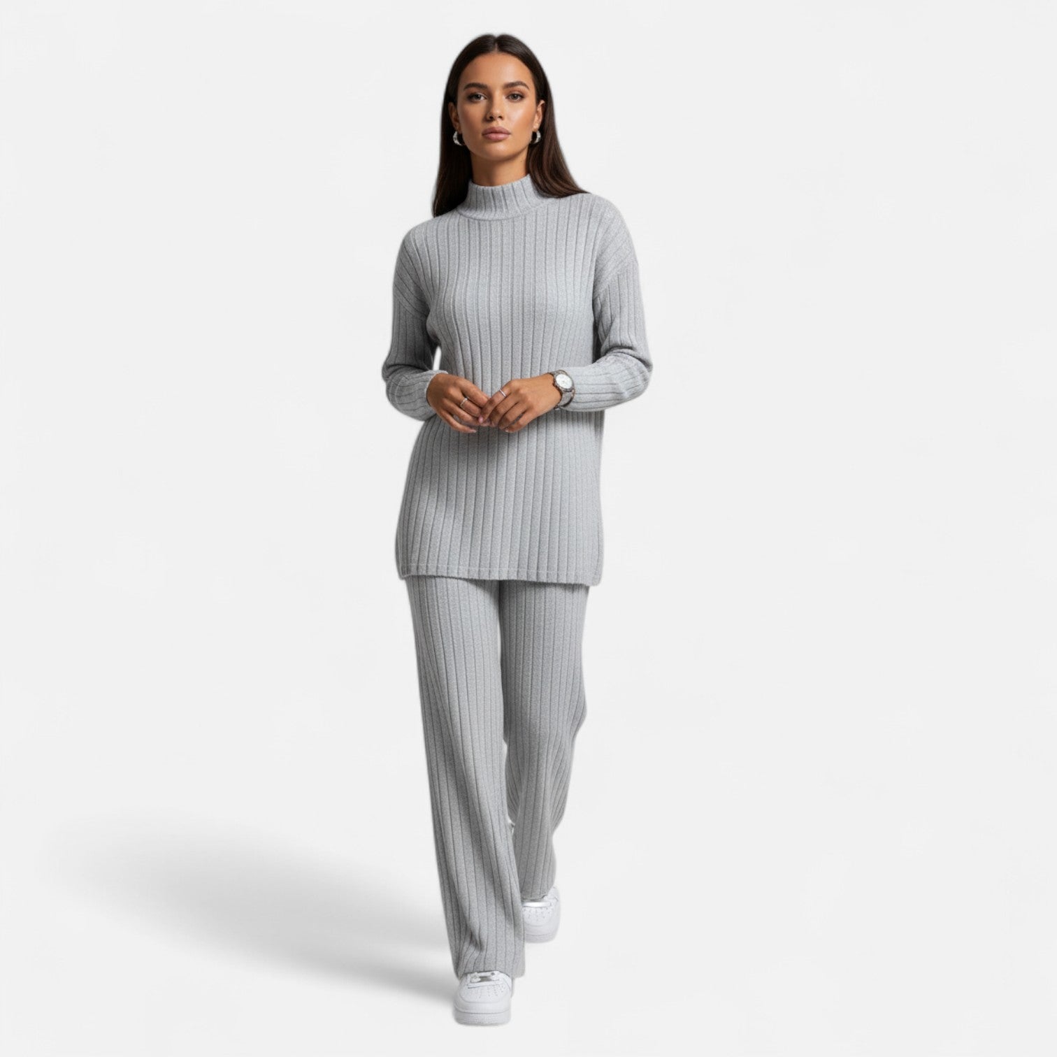 Dorevelle | Women’s Ribbed Set – Mock Neck & Wide-Leg Elegance