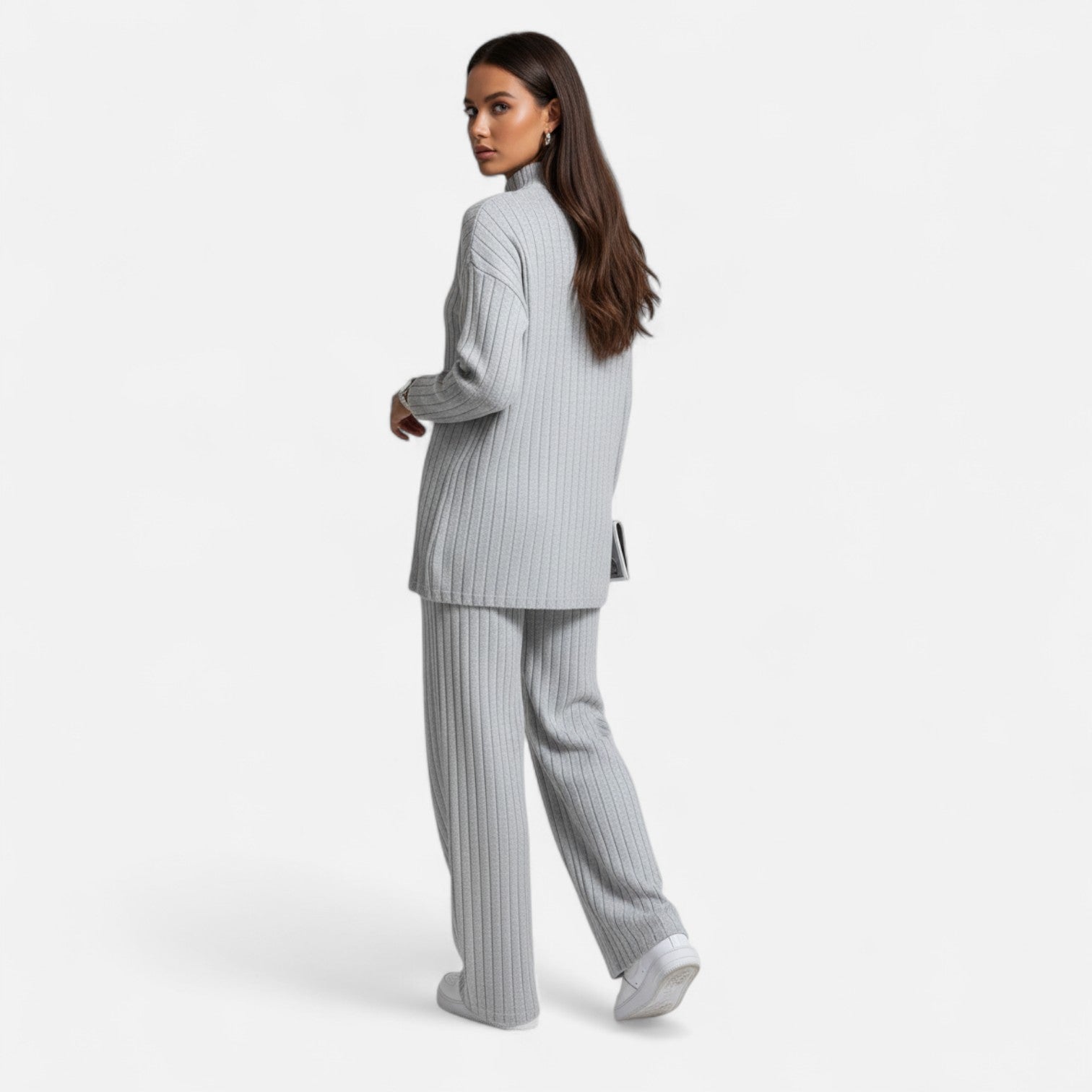 Dorevelle | Women’s Ribbed Set – Mock Neck & Wide-Leg Elegance