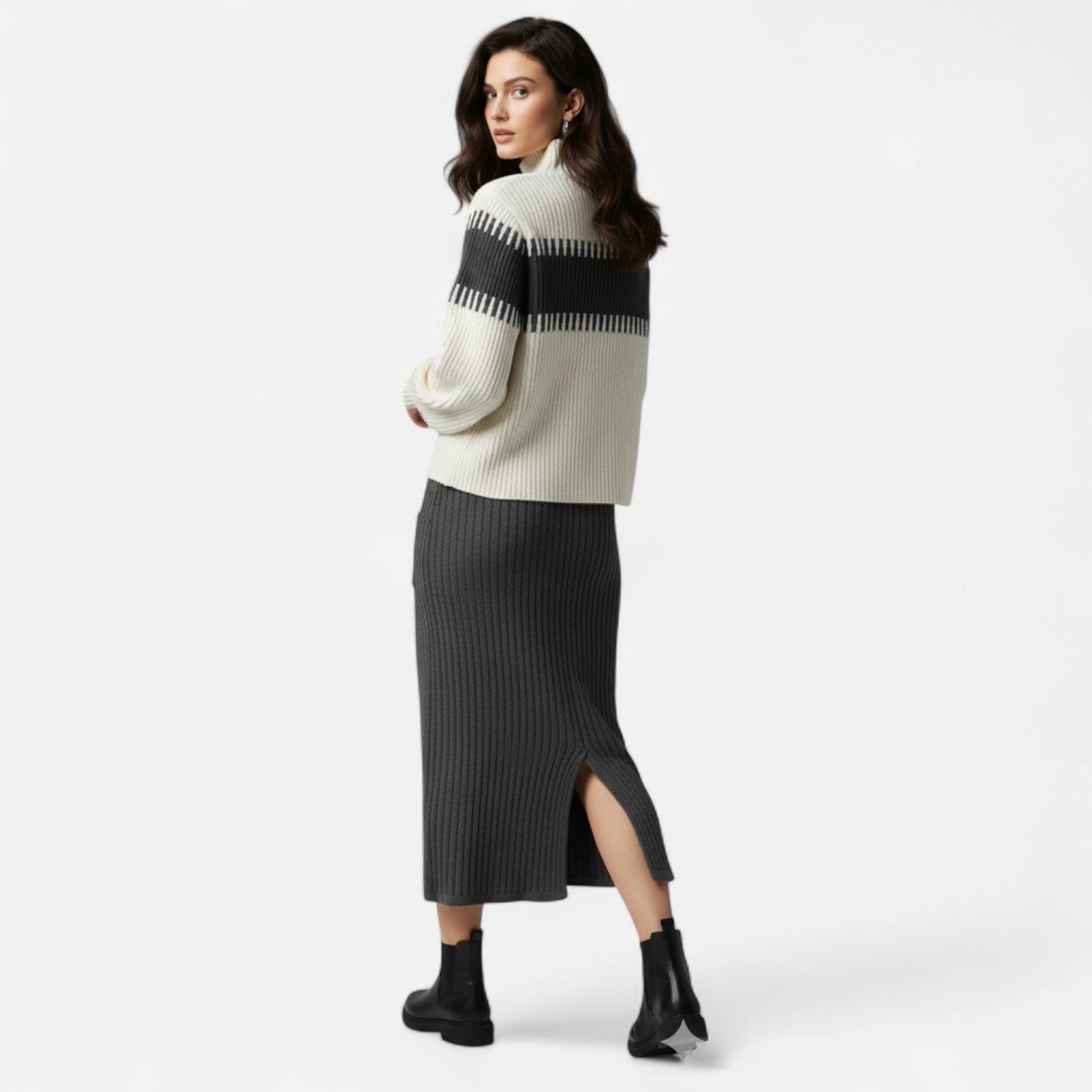 Dorevelle | Women’s Knit Set – High-Neck Pullover & Midi Skirt