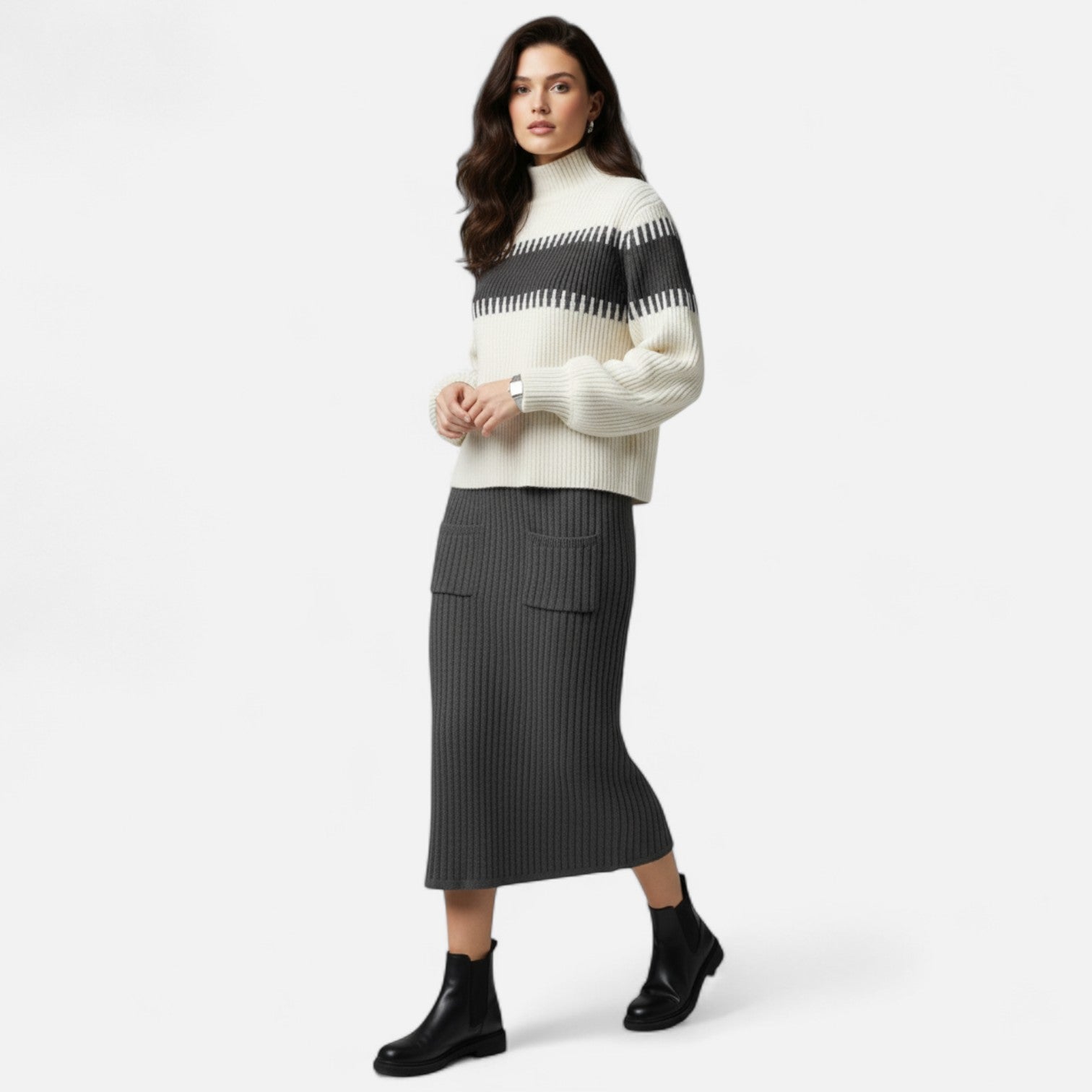 Dorevelle | Women’s Knit Set – High-Neck Pullover & Midi Skirt